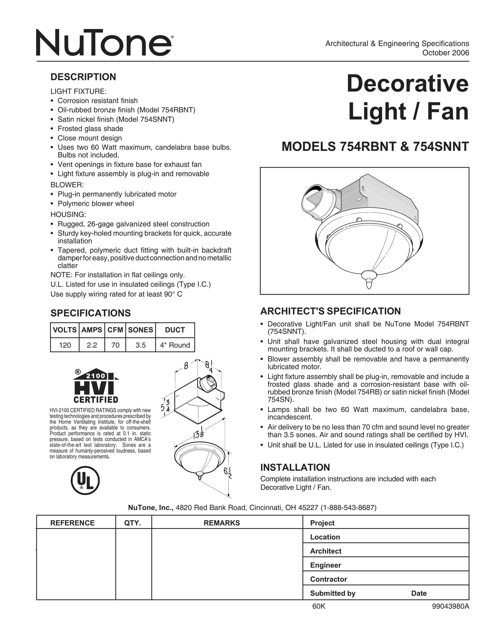 NuTone 754SNNT Indoor Furnishings User Manual