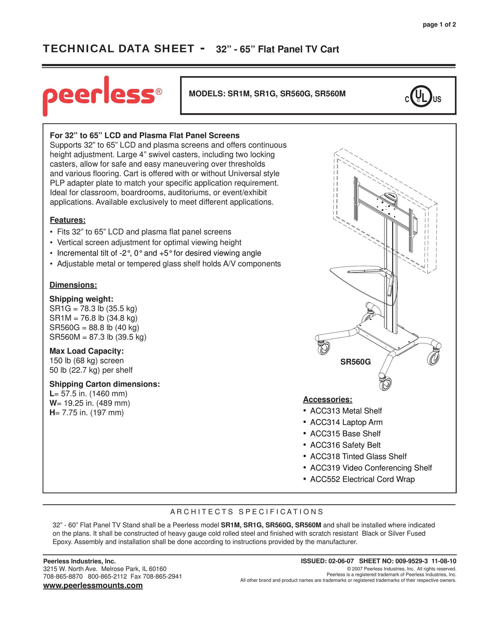 Peerless Industries SR1M Indoor Furnishings User Manual