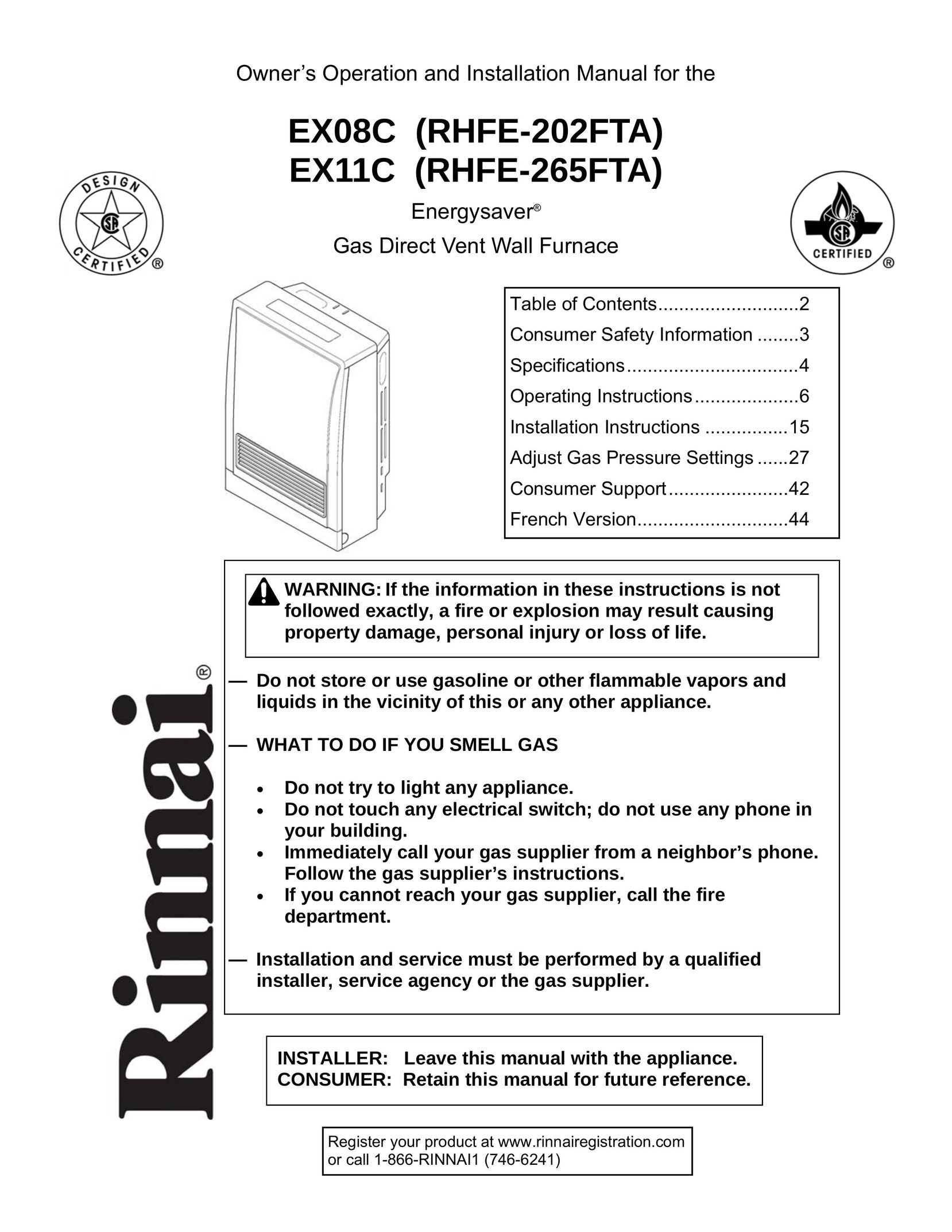 Rinnai EX11C (RHFE-265FTA) Indoor Furnishings User Manual