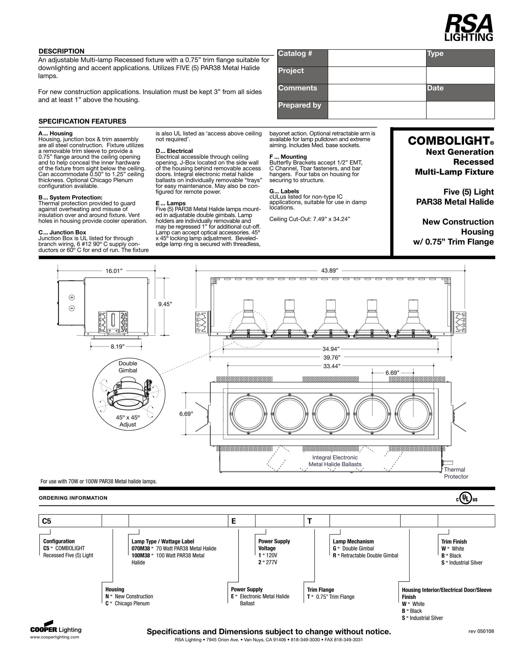 RSA Lighting 2500EFD Indoor Furnishings User Manual