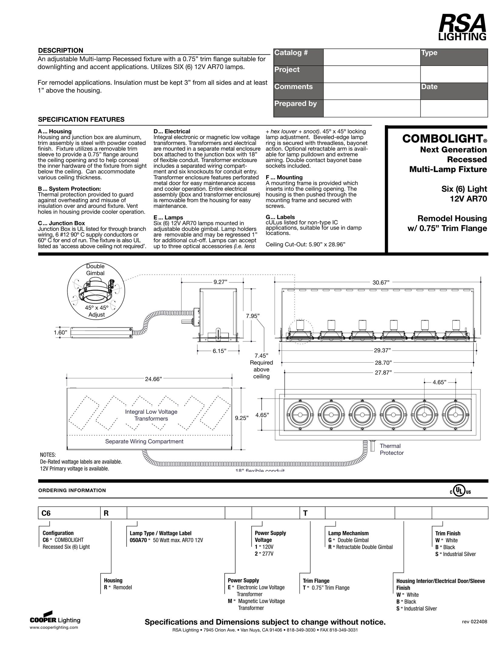 RSA Lighting AR70 Indoor Furnishings User Manual