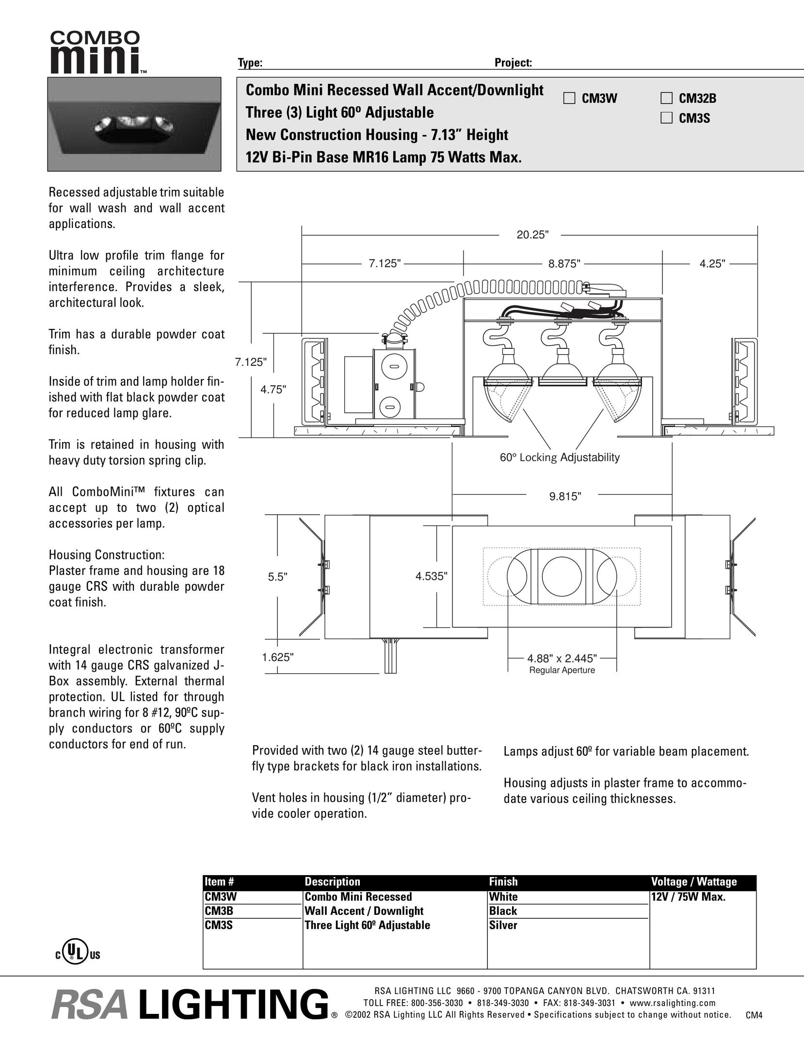 RSA Lighting CM3B Indoor Furnishings User Manual