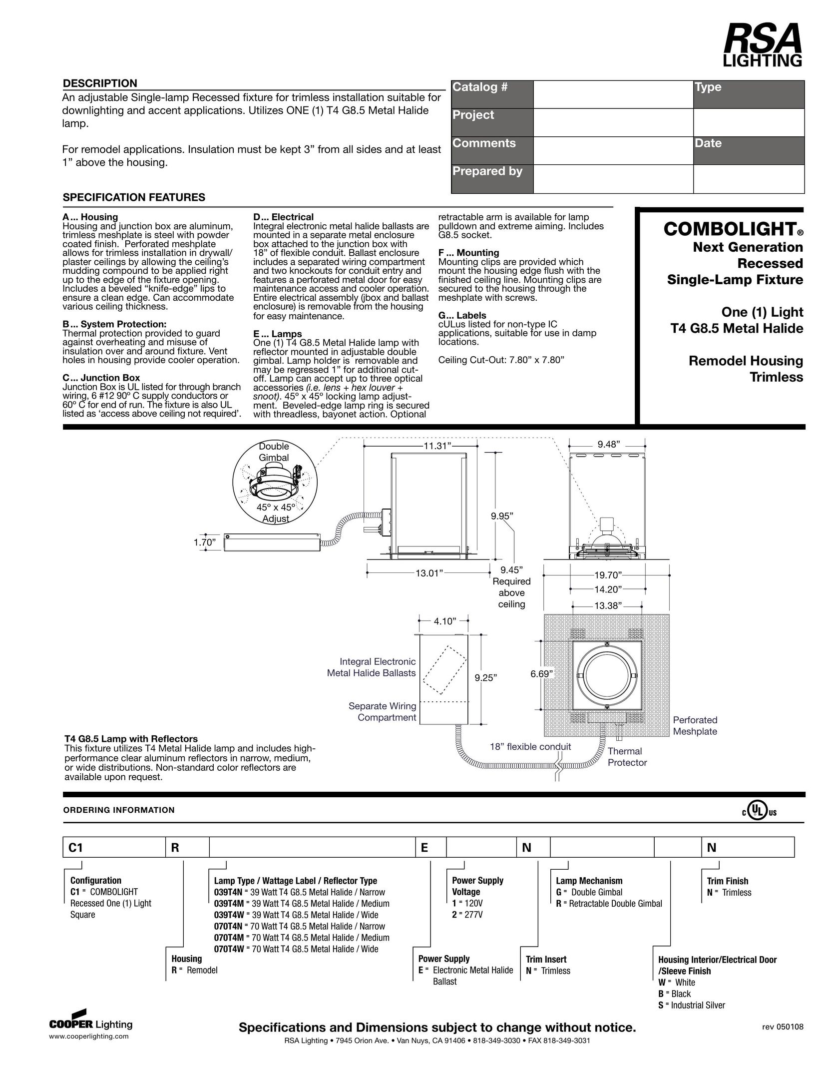 RSA Lighting RNC10 Indoor Furnishings User Manual