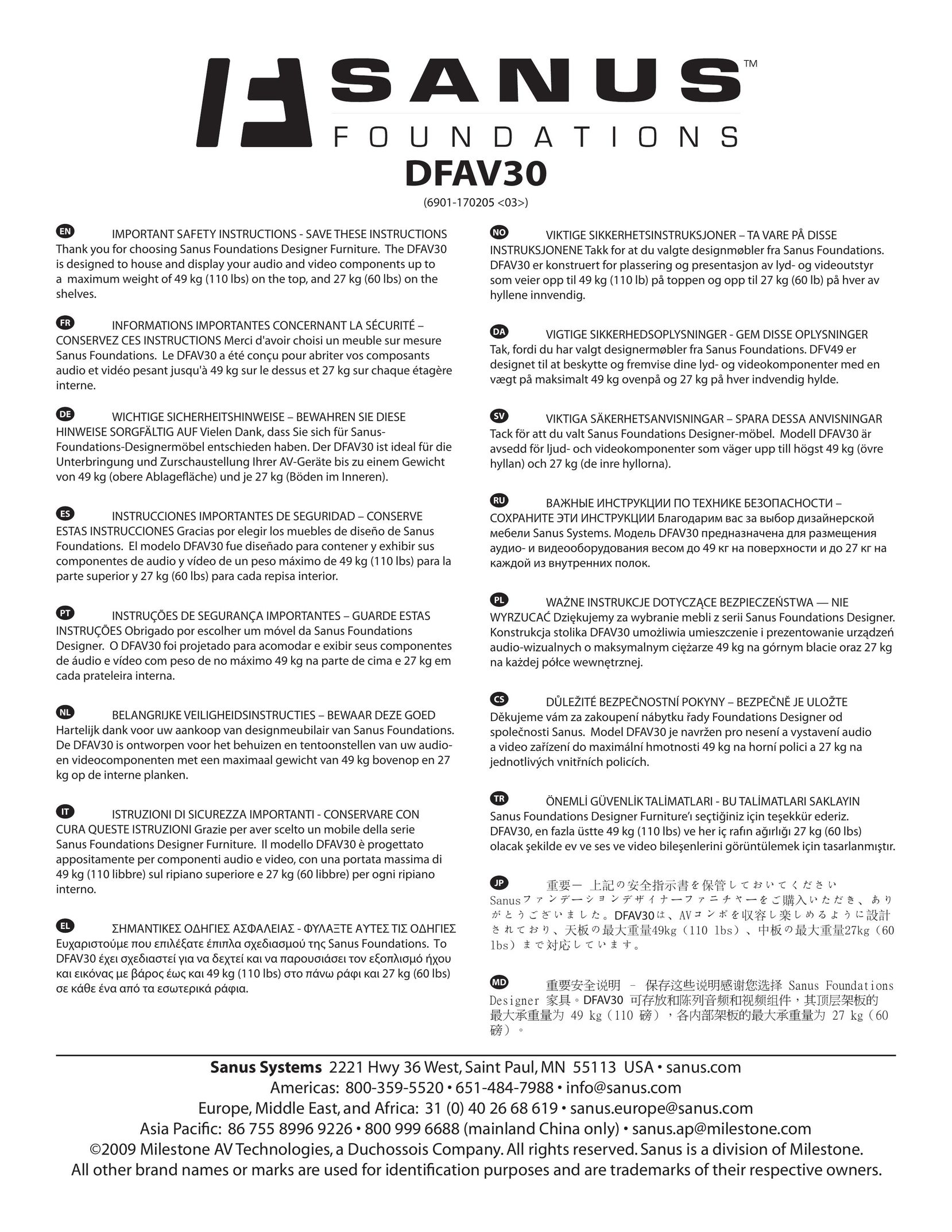 Sanus Systems DFAV30 Indoor Furnishings User Manual
