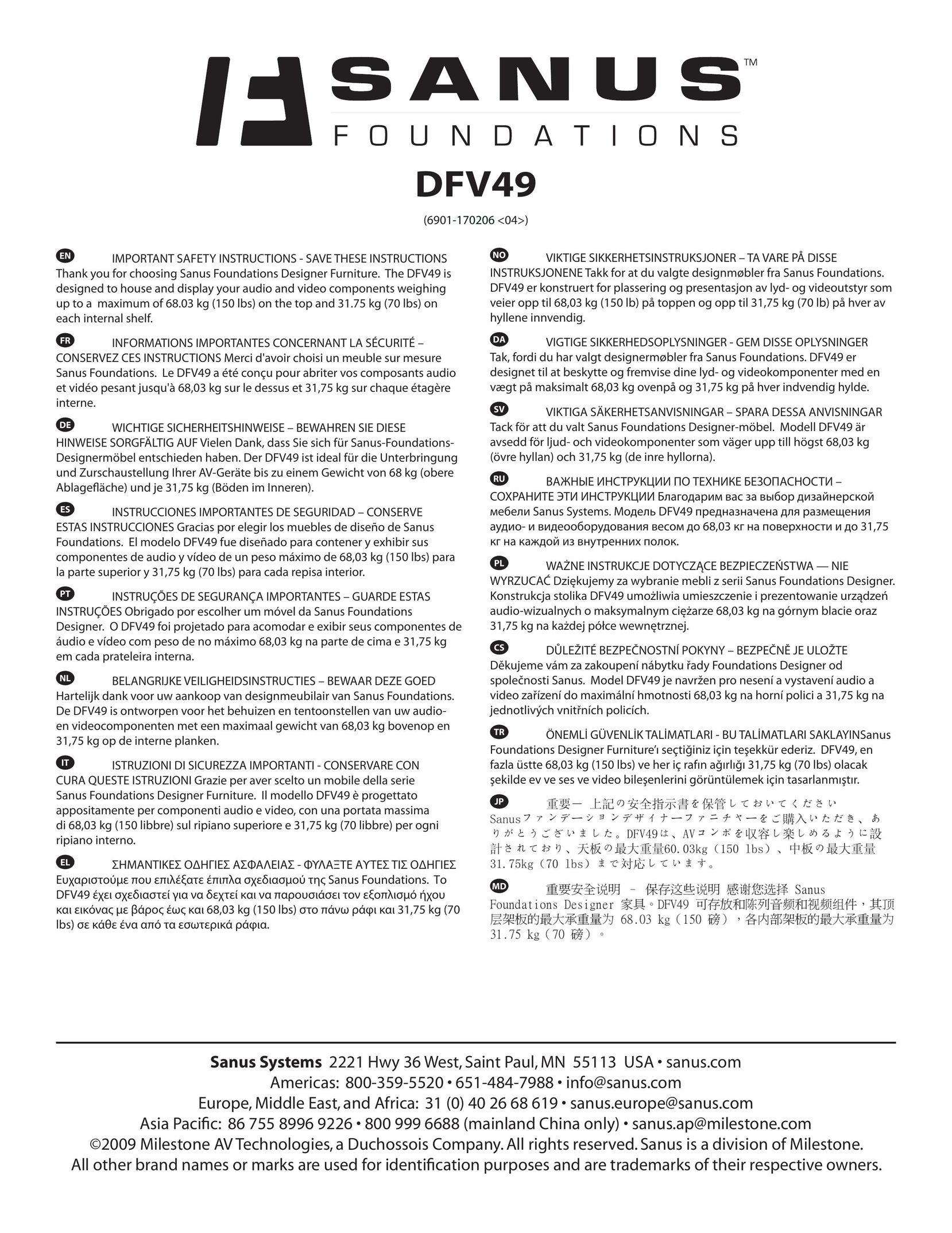 Sanus Systems DFV49 Indoor Furnishings User Manual
