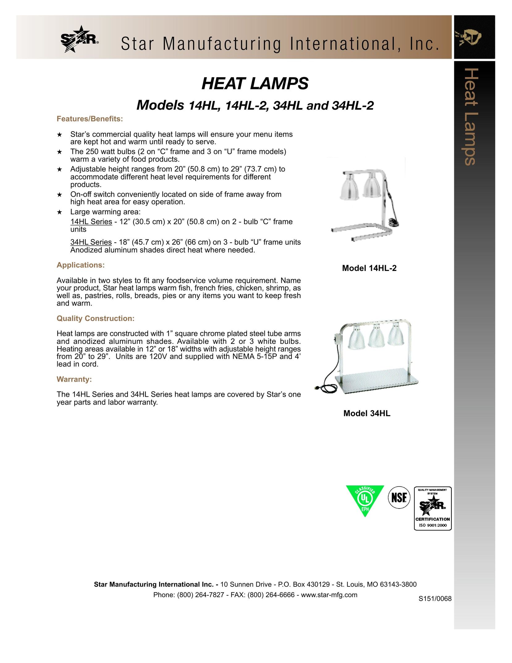 Star Manufacturing 34HL-2 Indoor Furnishings User Manual