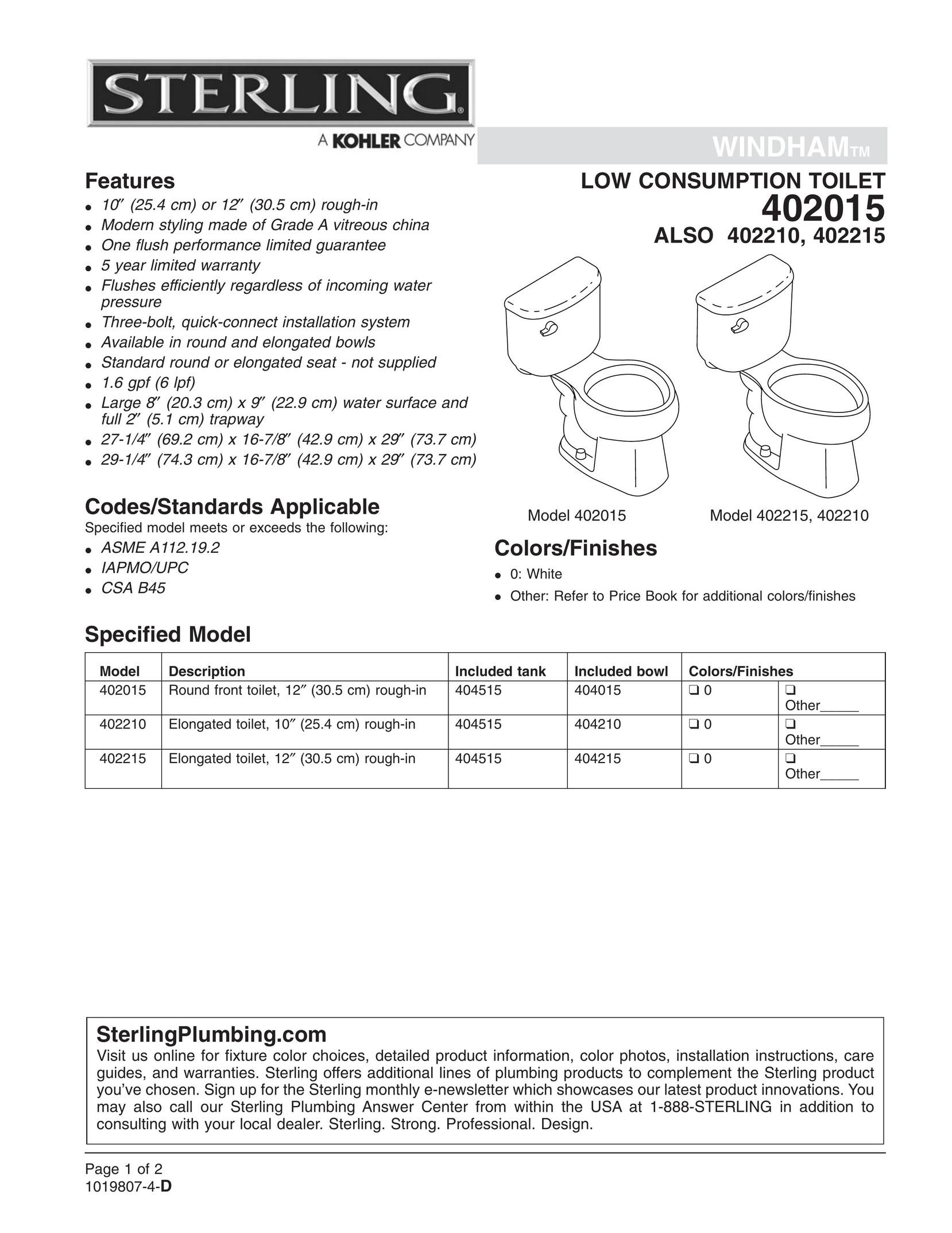 Sterling Plumbing 402015 Indoor Furnishings User Manual