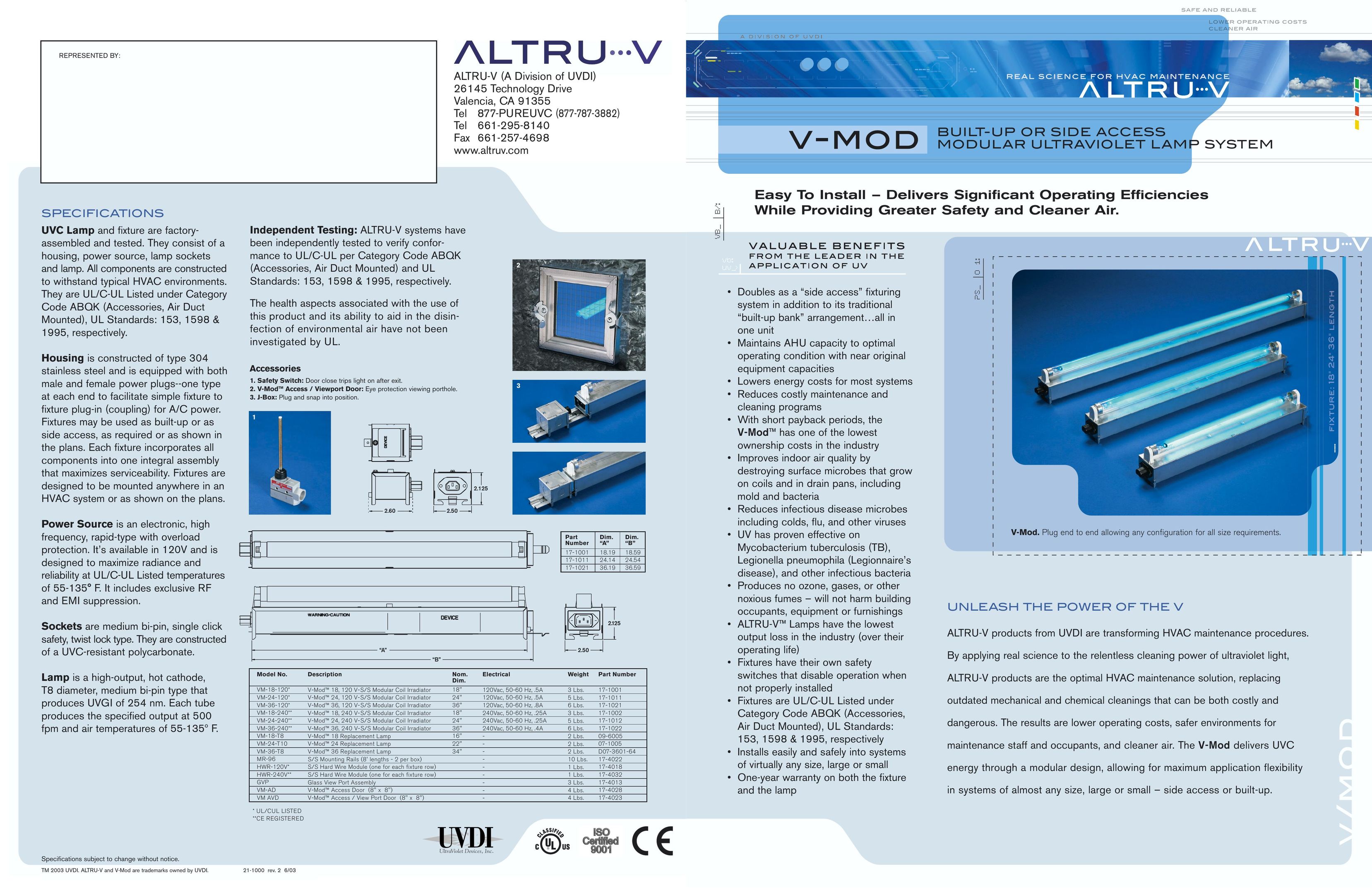 UltraViolet Devices HWR-120V* Indoor Furnishings User Manual