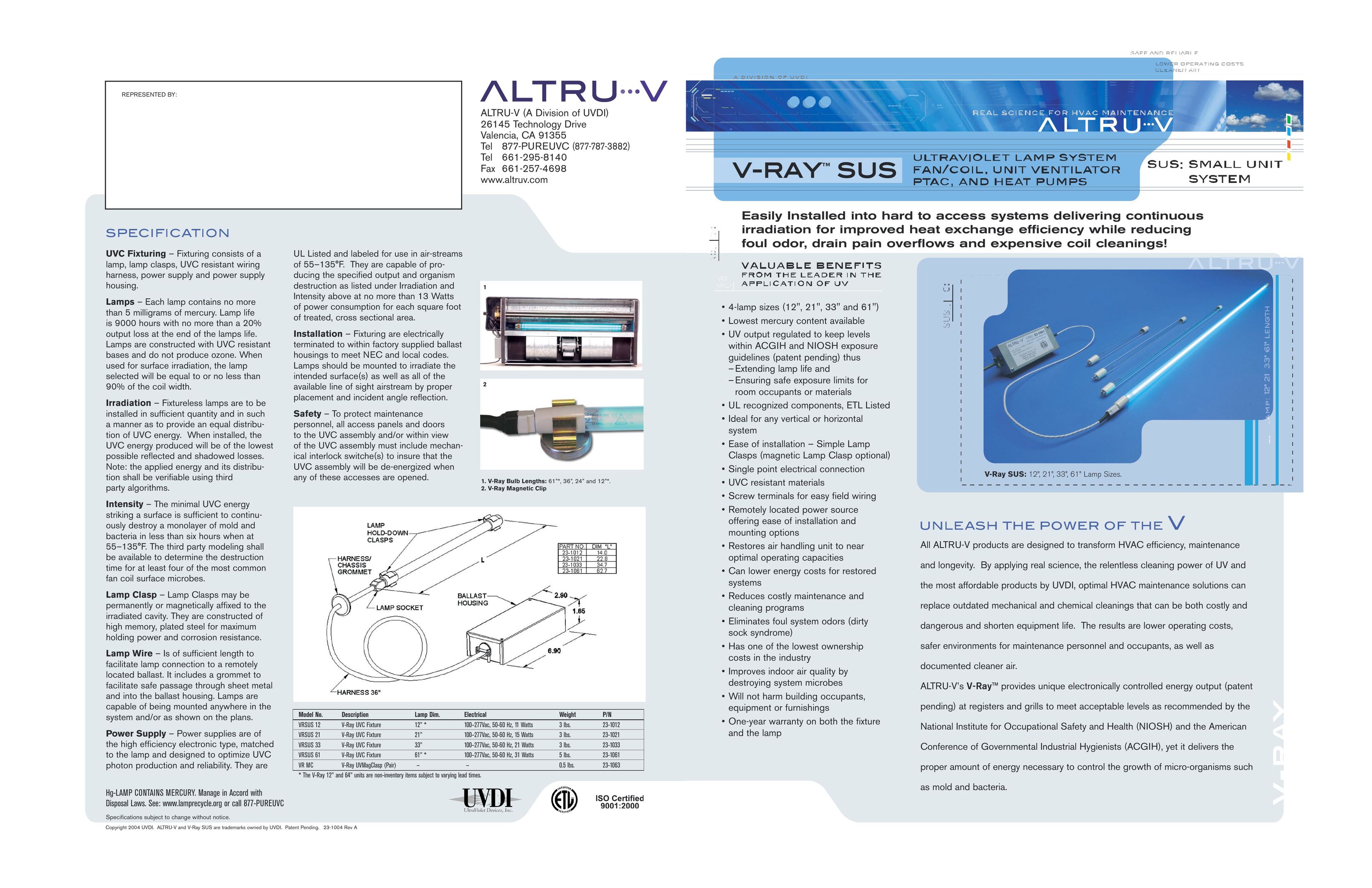 UltraViolet Devices Ultravoilet Lamp System Indoor Furnishings User Manual