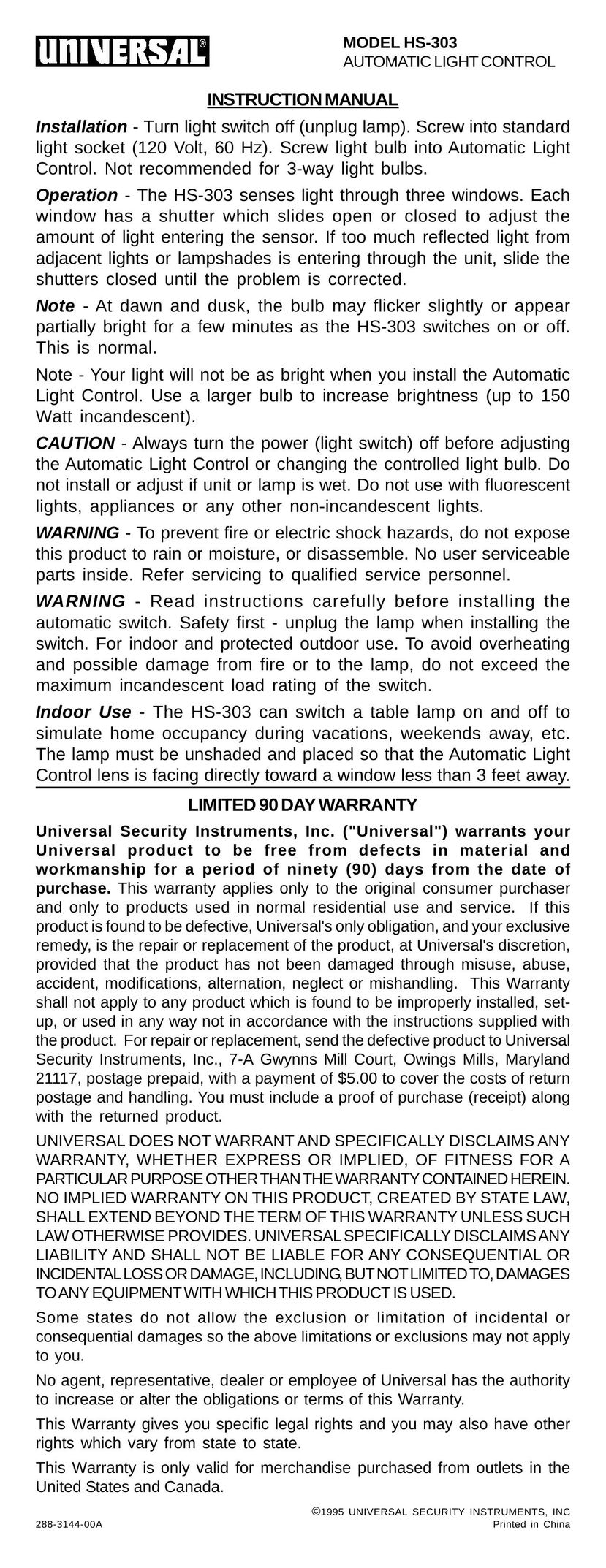 Universal HS-303 Indoor Furnishings User Manual