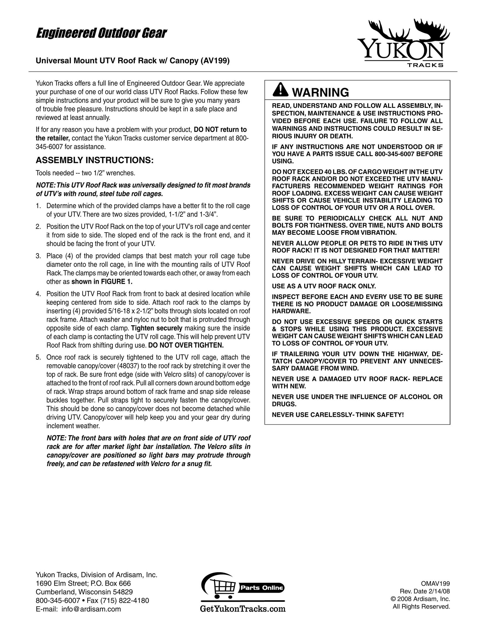Yukon Tracks AV199 Indoor Furnishings User Manual