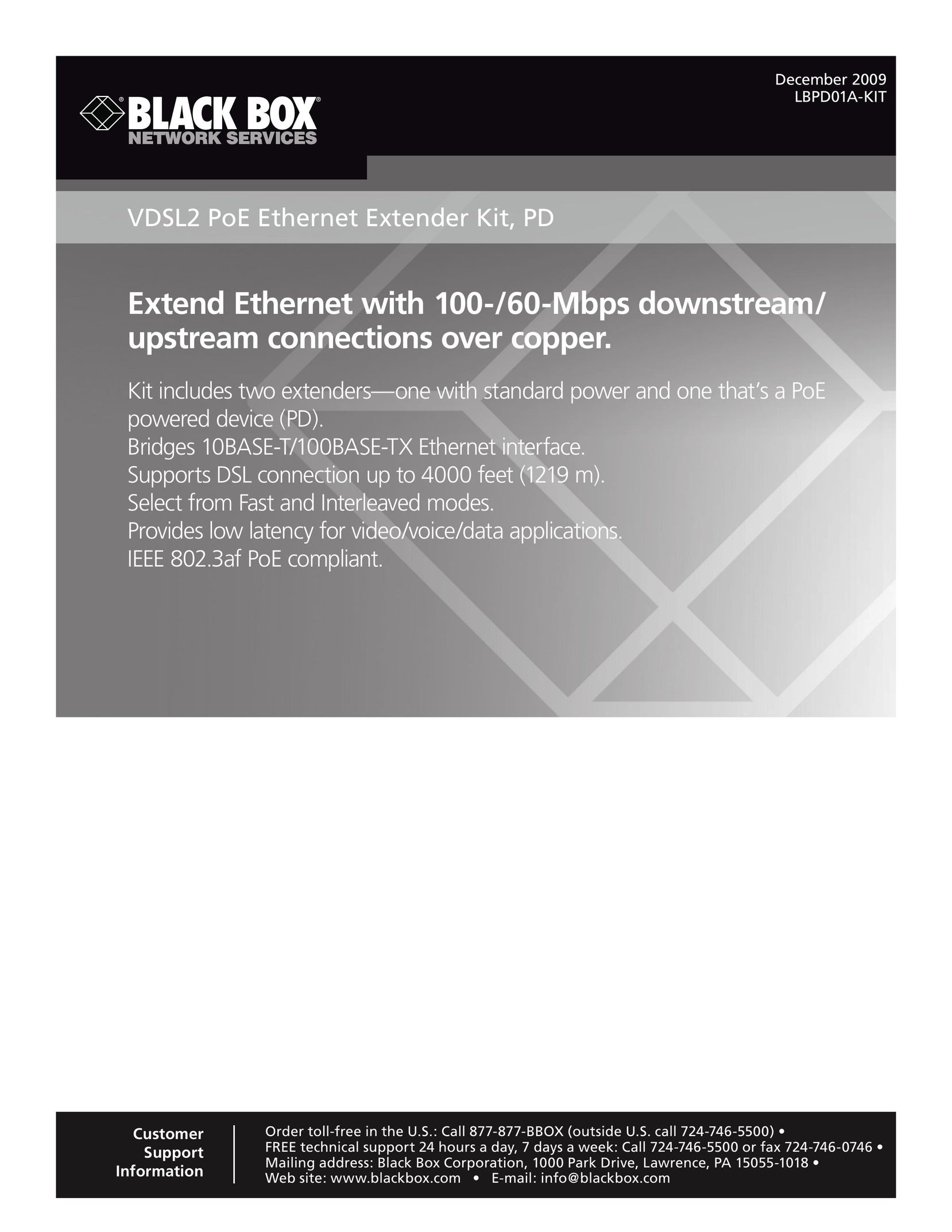 Black Box VDSL2 PoE Ethernet Extener Kid, PD Pet Fence User Manual