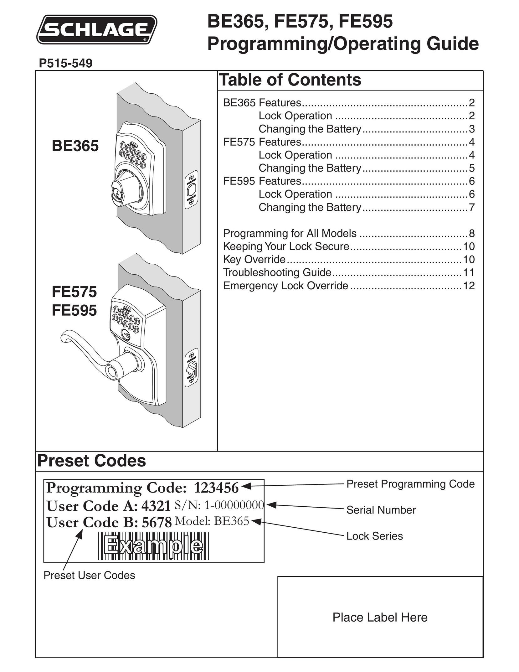 Schlage BE365 Pet Fence User Manual