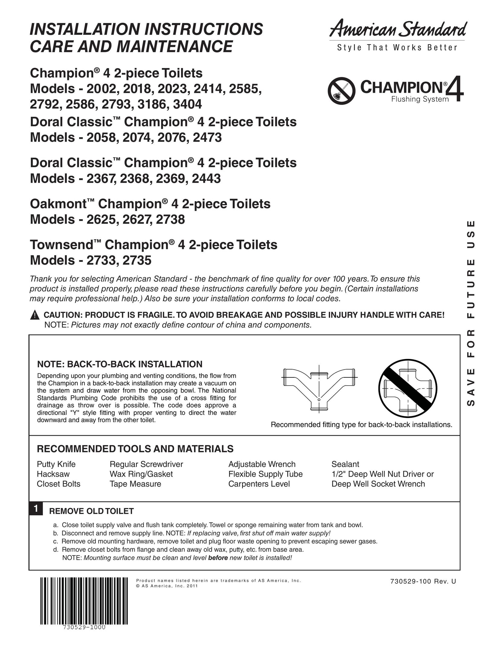 American Standard 2058 Plumbing Product User Manual