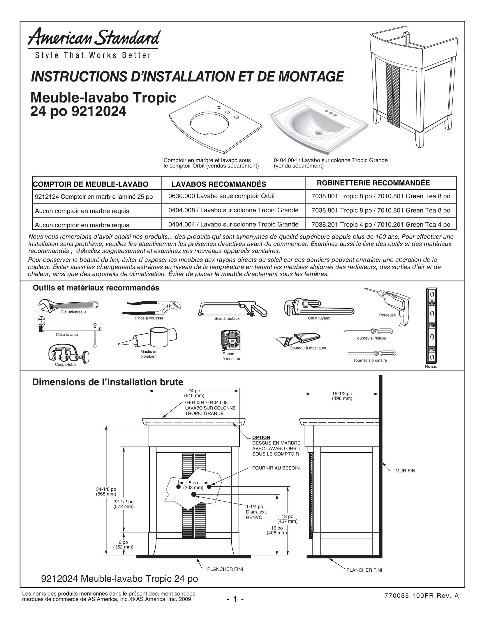 American Standard 24 PO 9212024 Plumbing Product User Manual