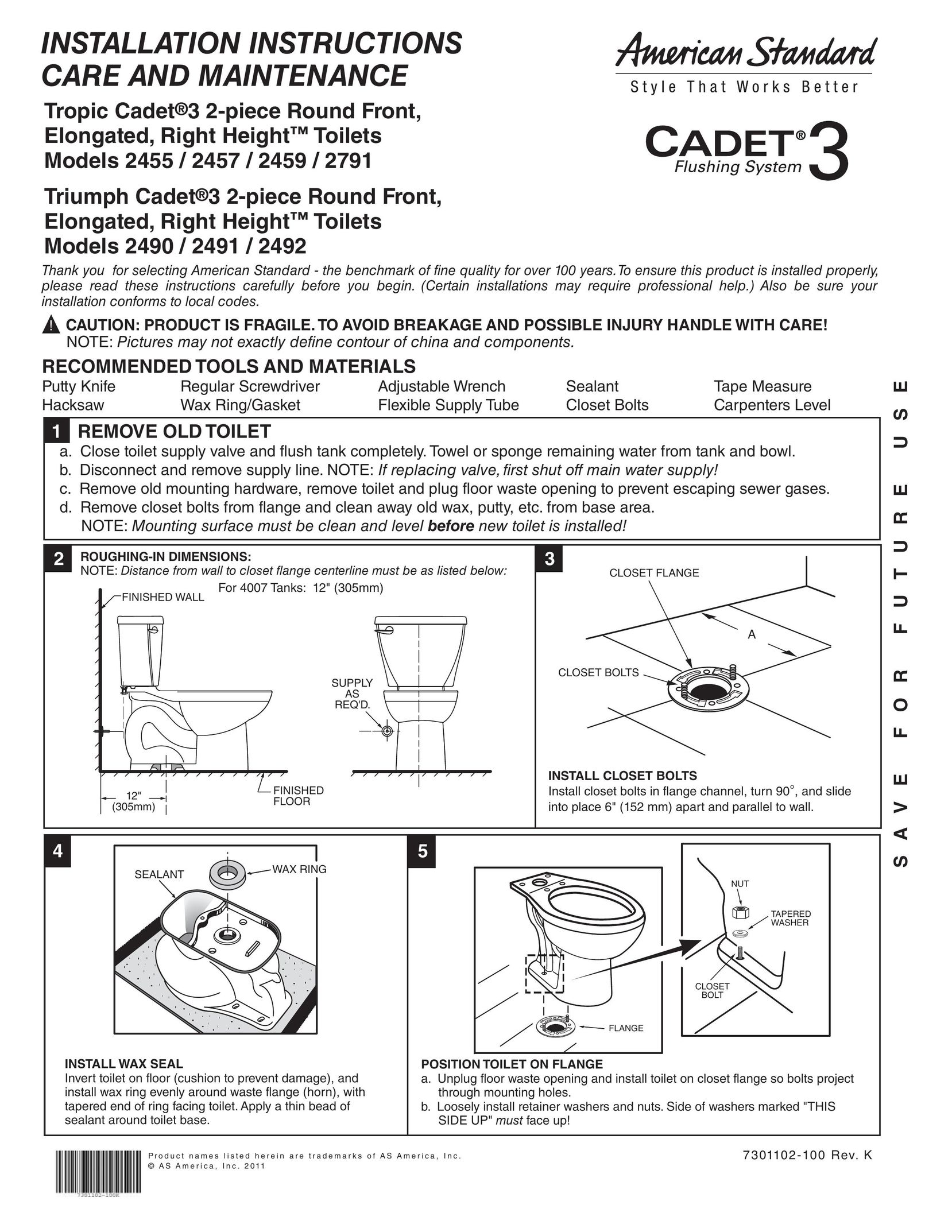 American Standard 2457 Plumbing Product User Manual