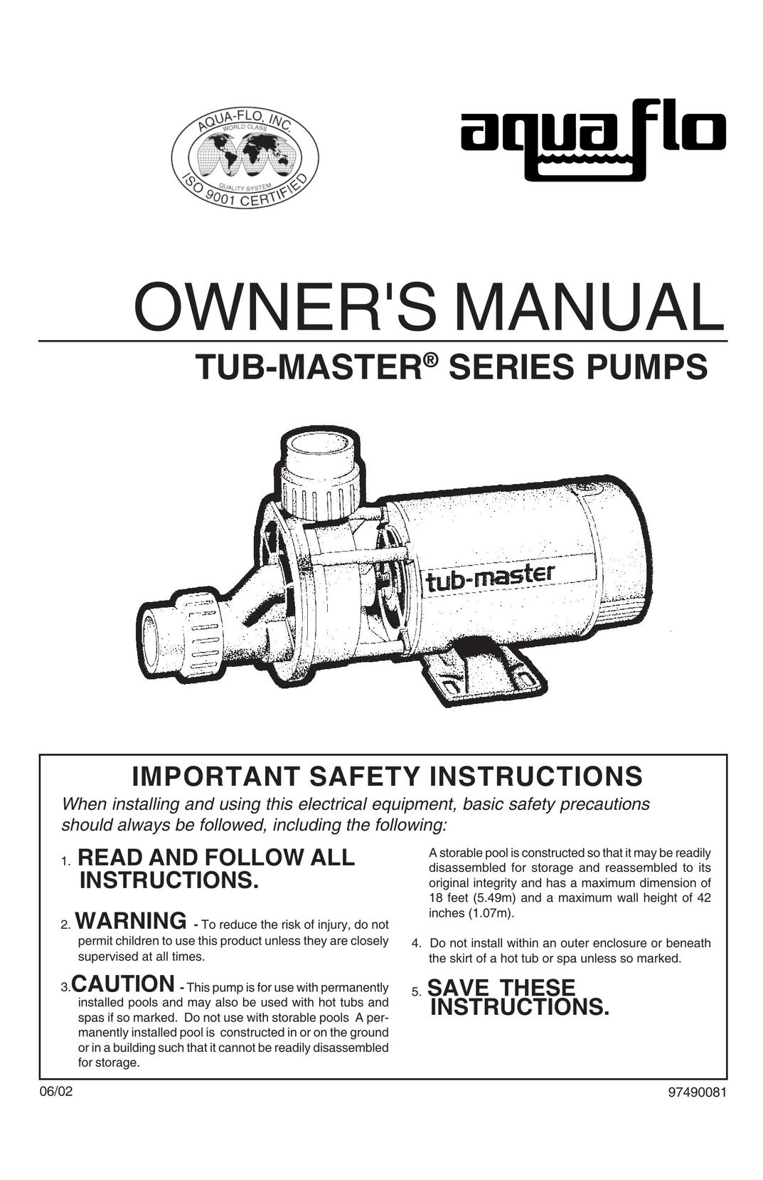 Aqua Flo Tub-Master Series Plumbing Product User Manual