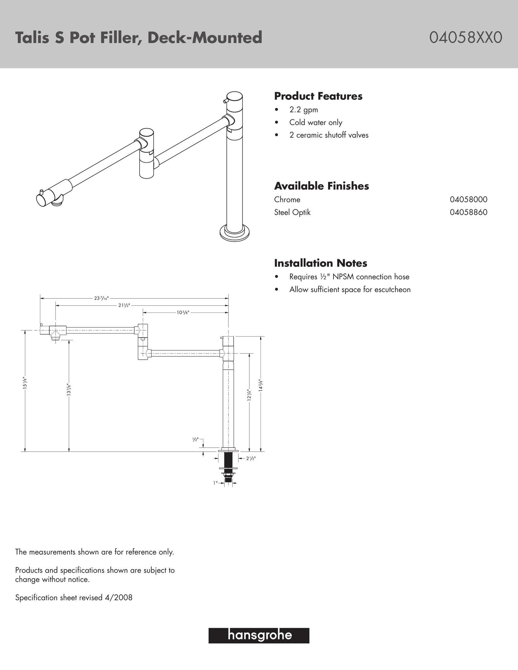 Axor 04058XX0 Plumbing Product User Manual