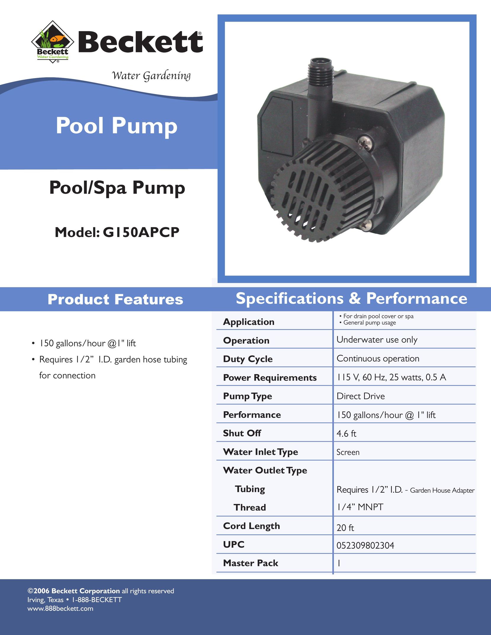 Beckett Water Gardening G150APCP Plumbing Product User Manual