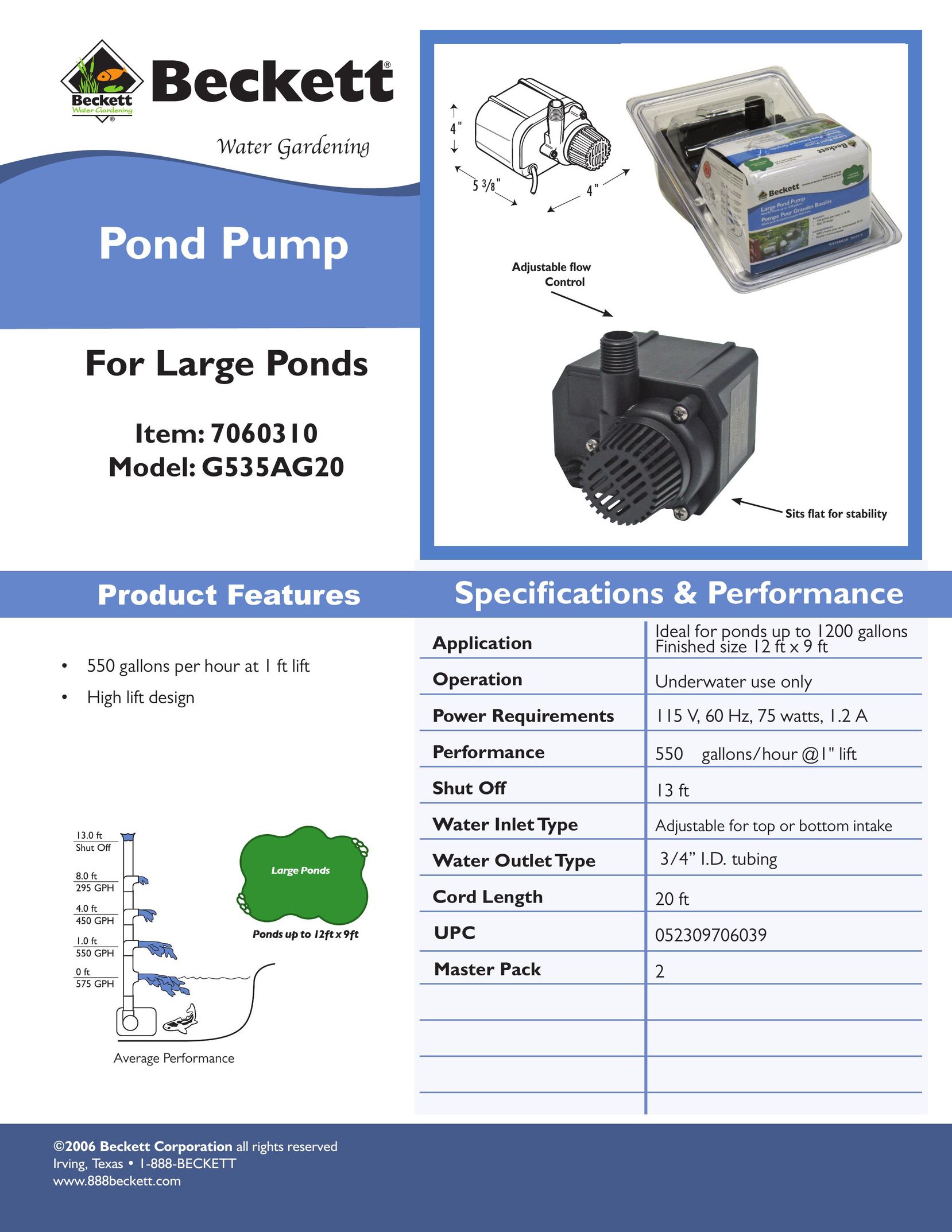 Beckett Water Gardening G535AG20 Plumbing Product User Manual