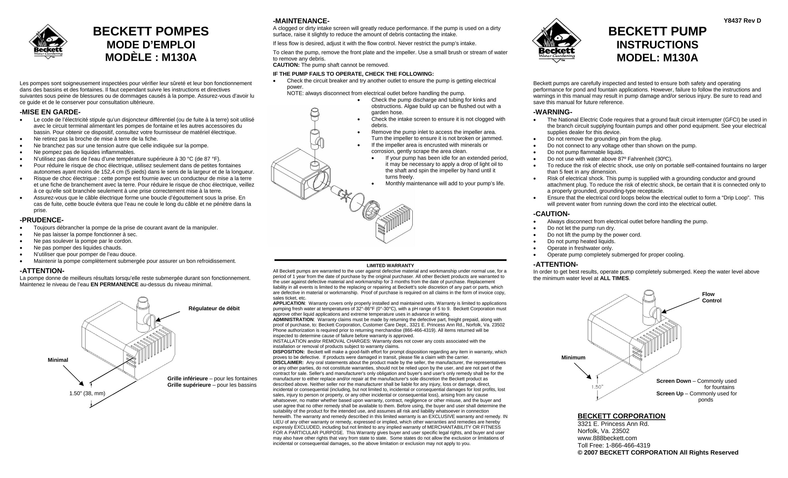 Beckett Water Gardening M130 Plumbing Product User Manual