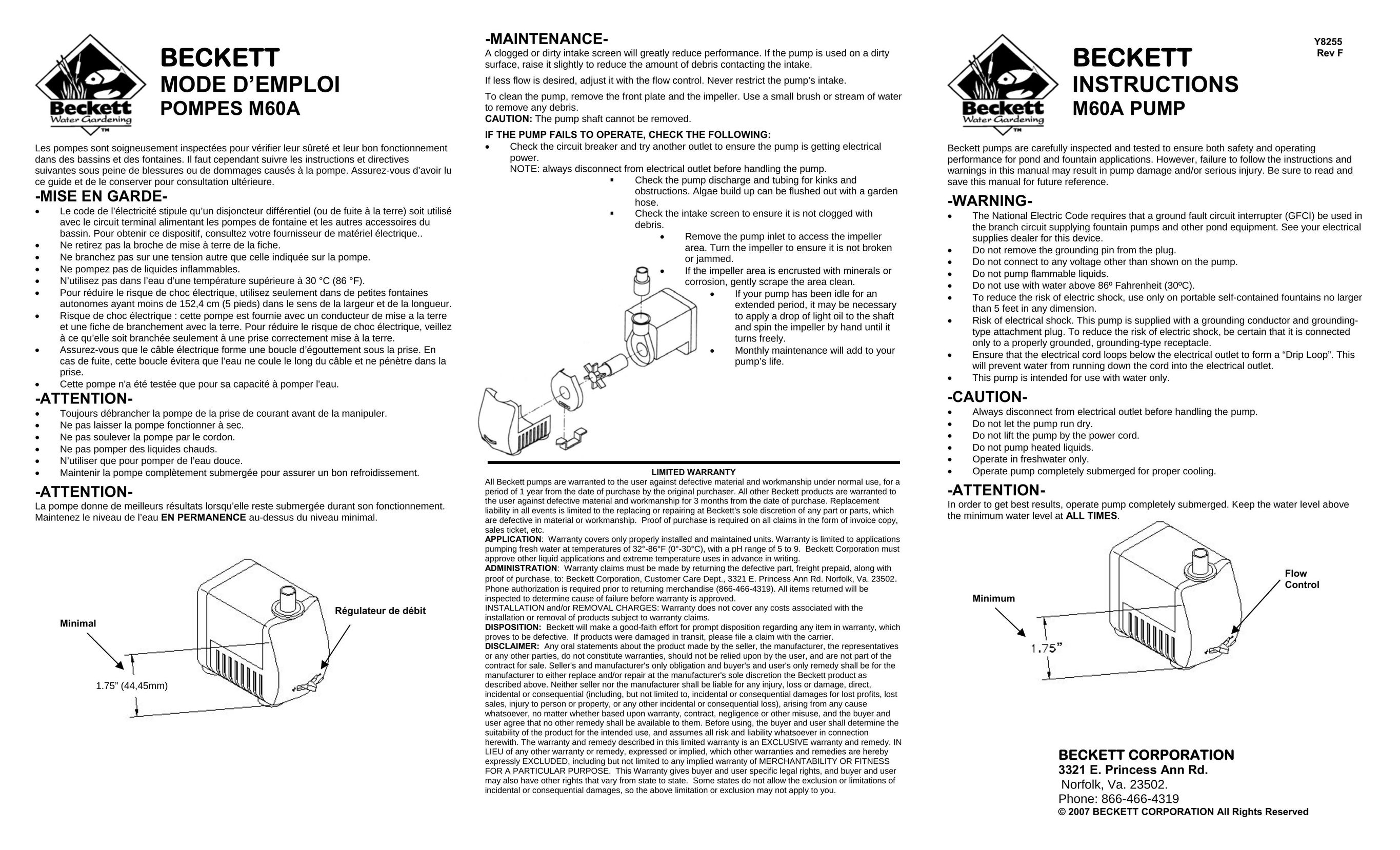 Beckett Water Gardening M60A Plumbing Product User Manual