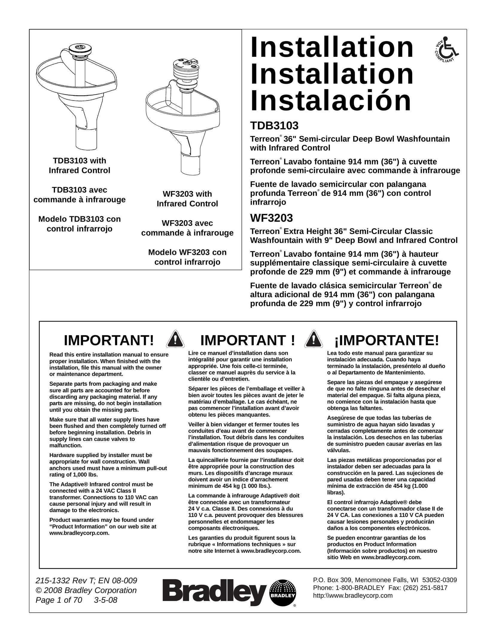 Bradley Brand Furniture TBD3103 Plumbing Product User Manual
