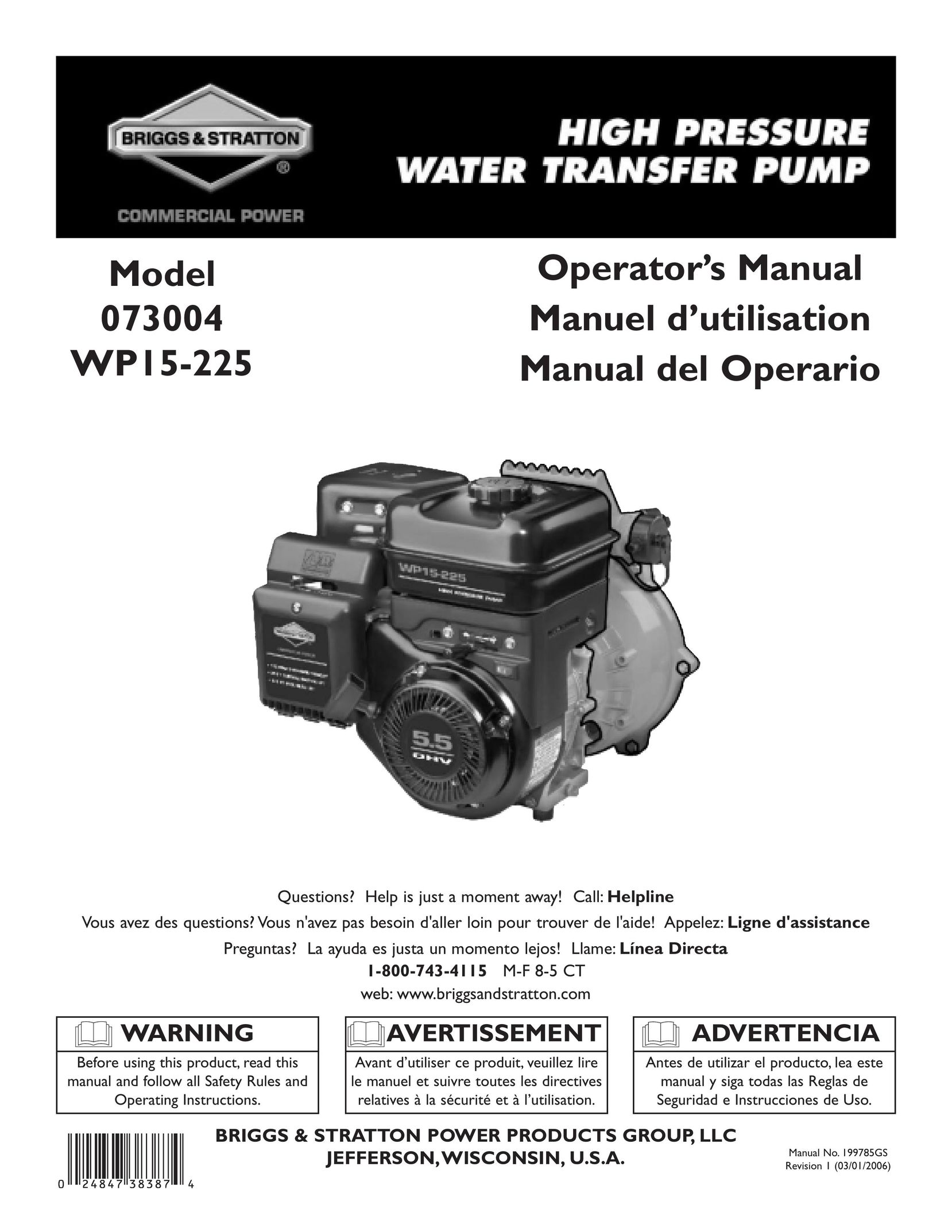 Briggs & Stratton 073004 WP15-225 Plumbing Product User Manual