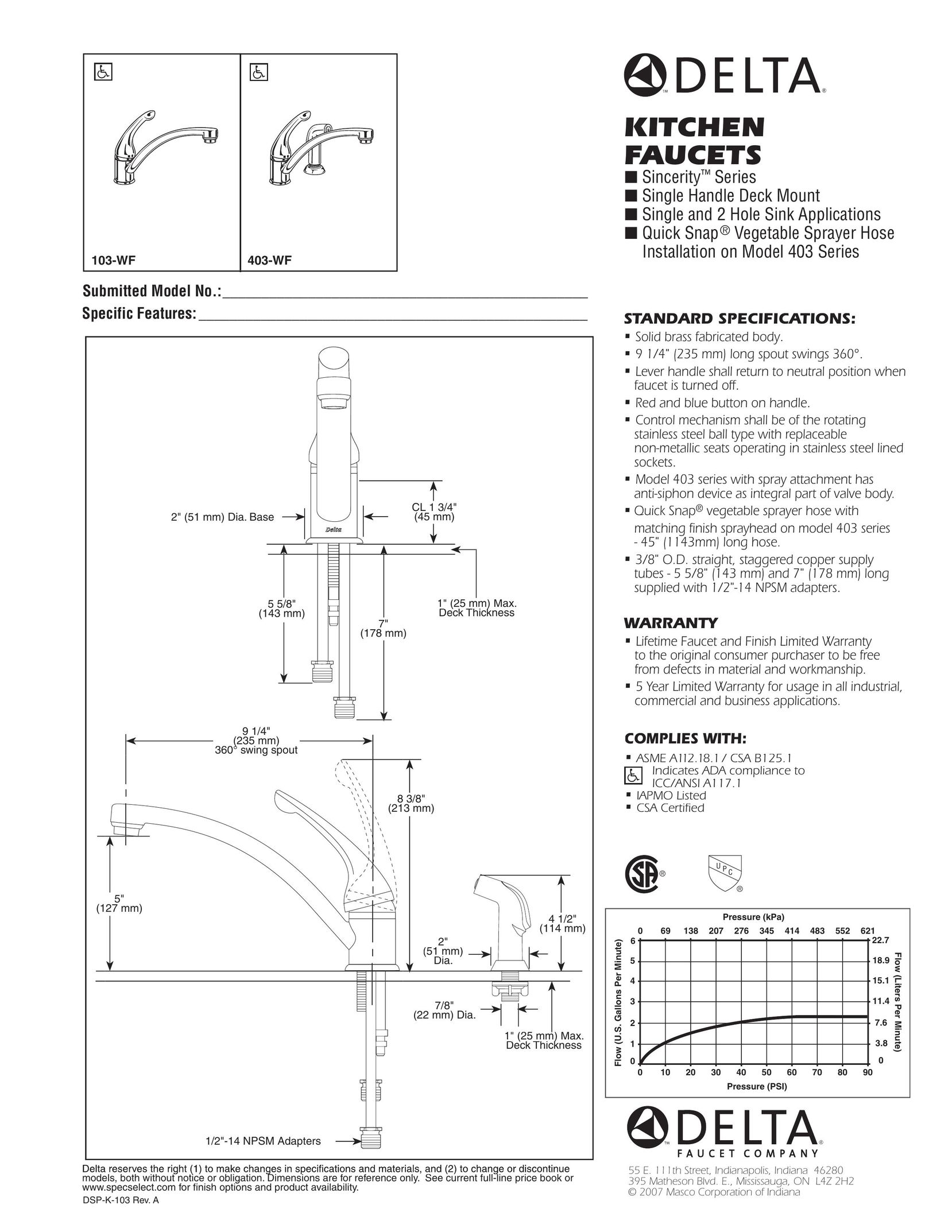 Delta 103-WF Plumbing Product User Manual
