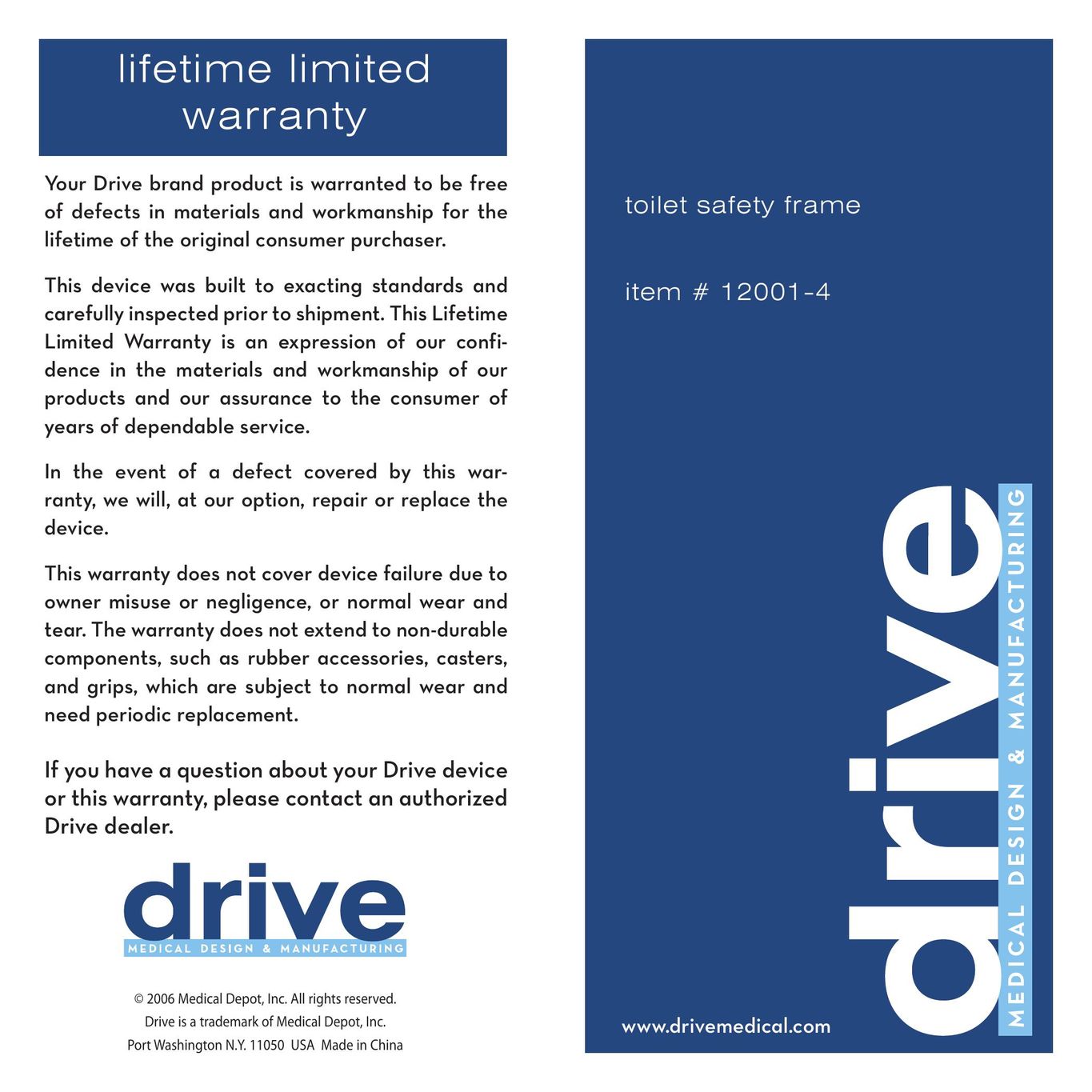 Drive Medical Design 12001-4 Plumbing Product User Manual