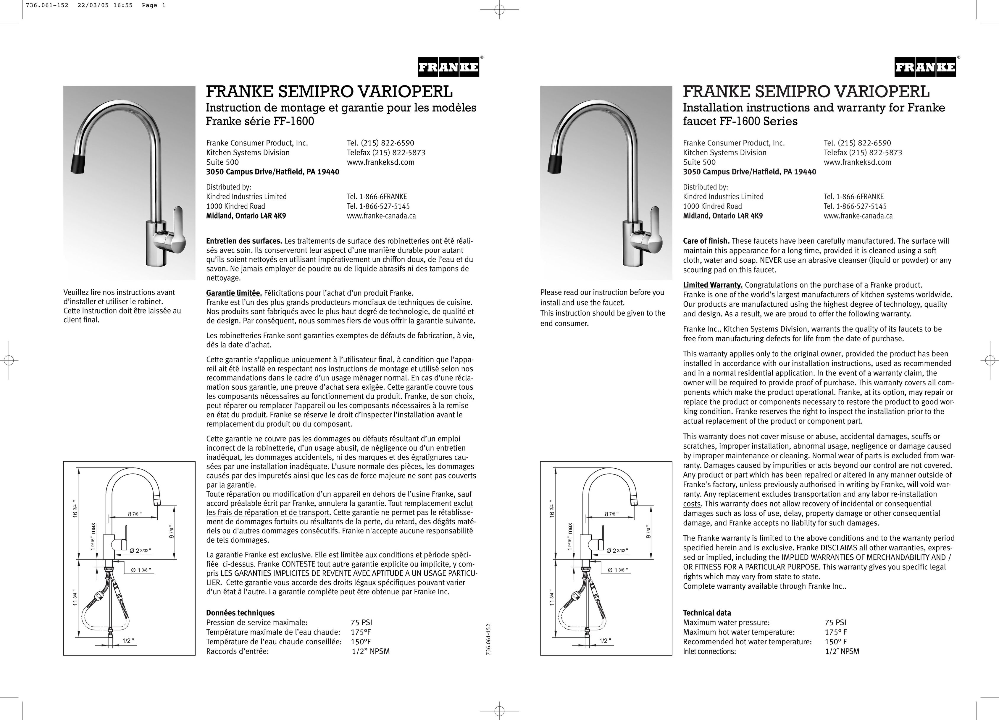 Franke Consumer Products FF-1600 Plumbing Product User Manual