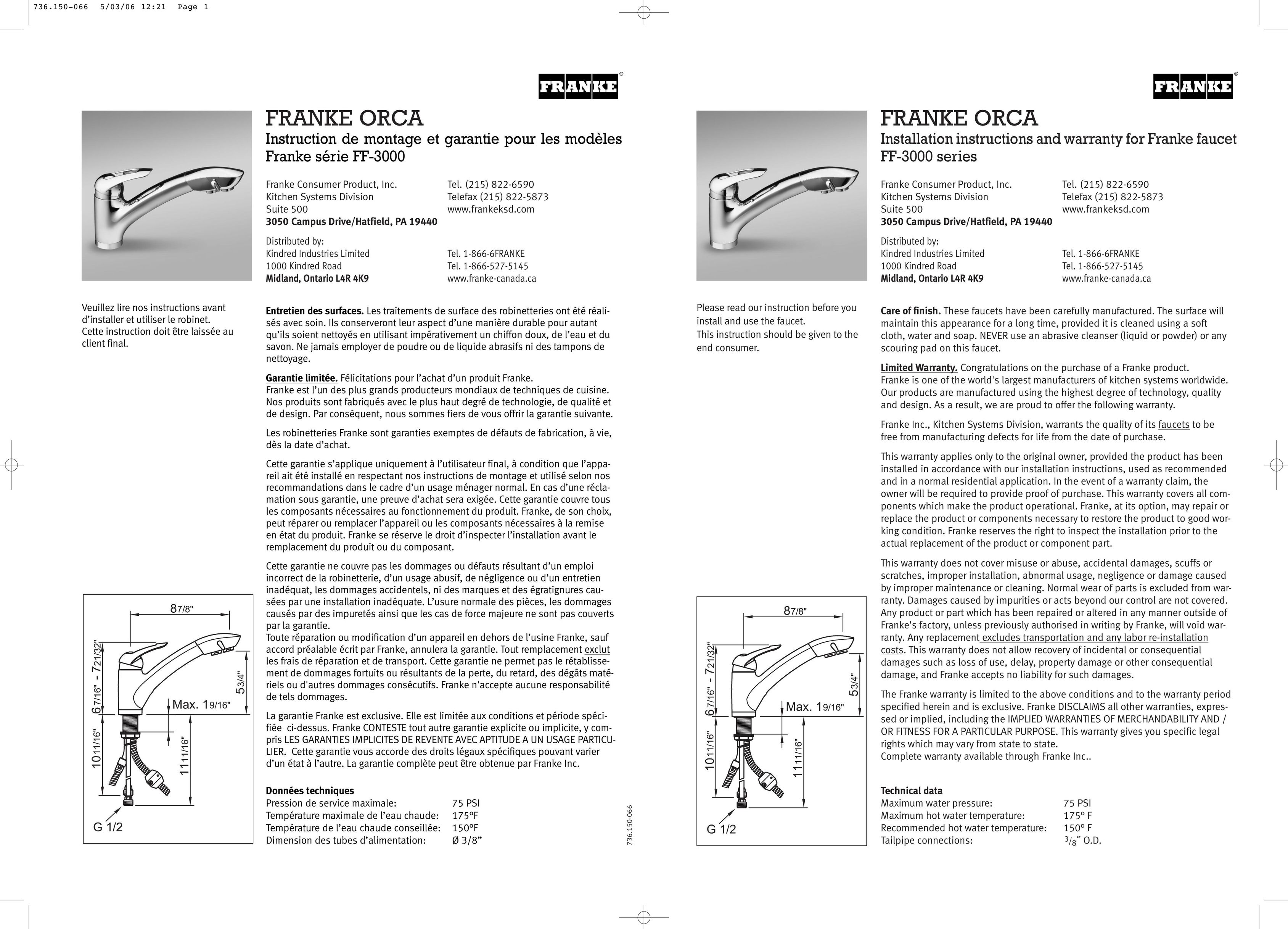 Franke Consumer Products FF-3000 Plumbing Product User Manual