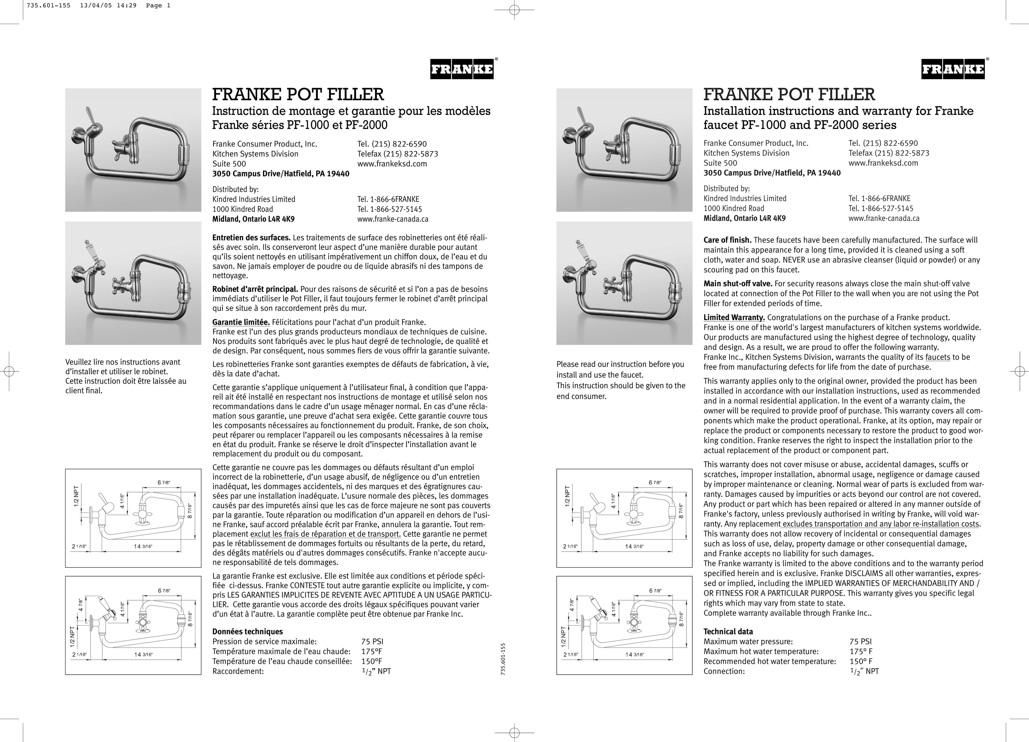 Franke Consumer Products PF-1000 Plumbing Product User Manual