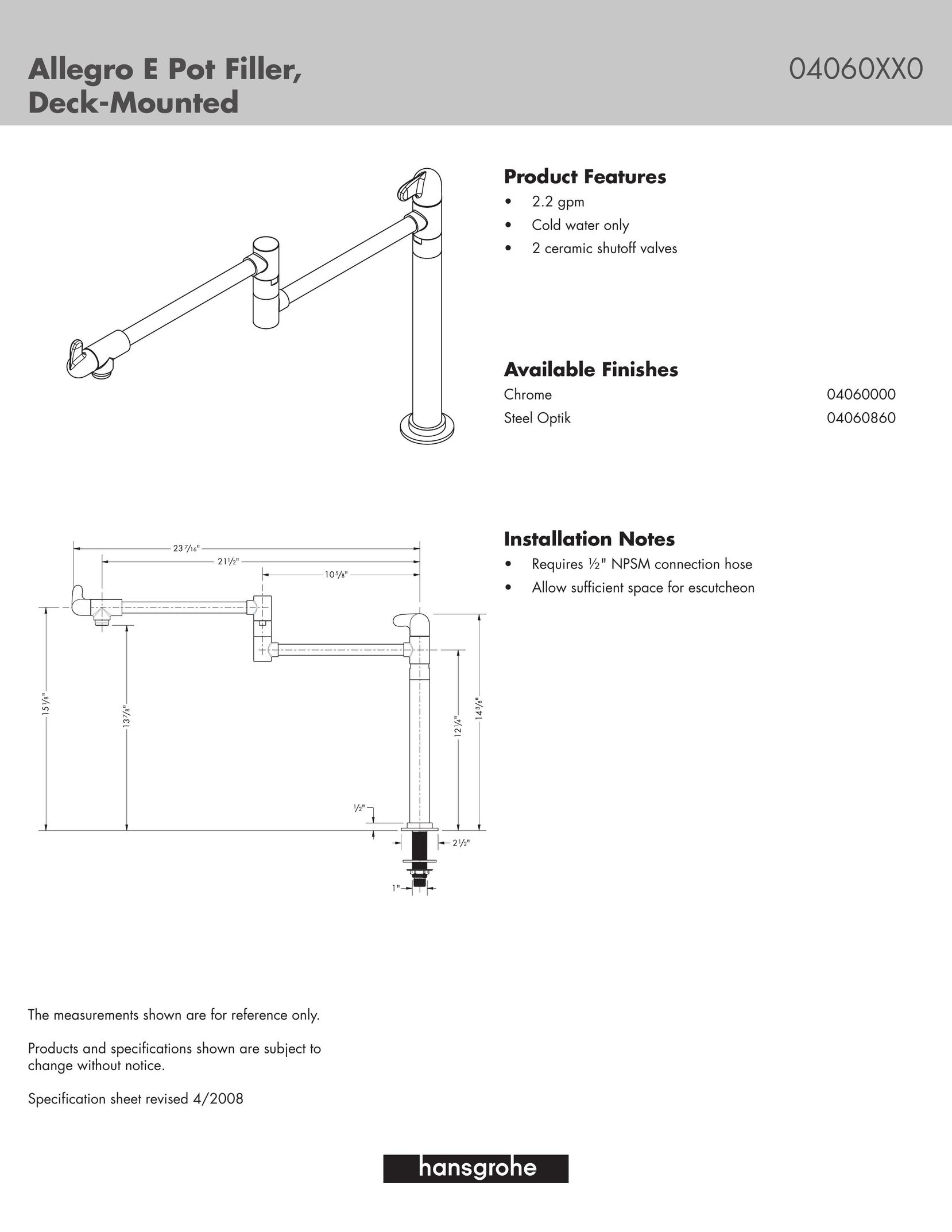 Hans Grohe 04060XX0 Plumbing Product User Manual