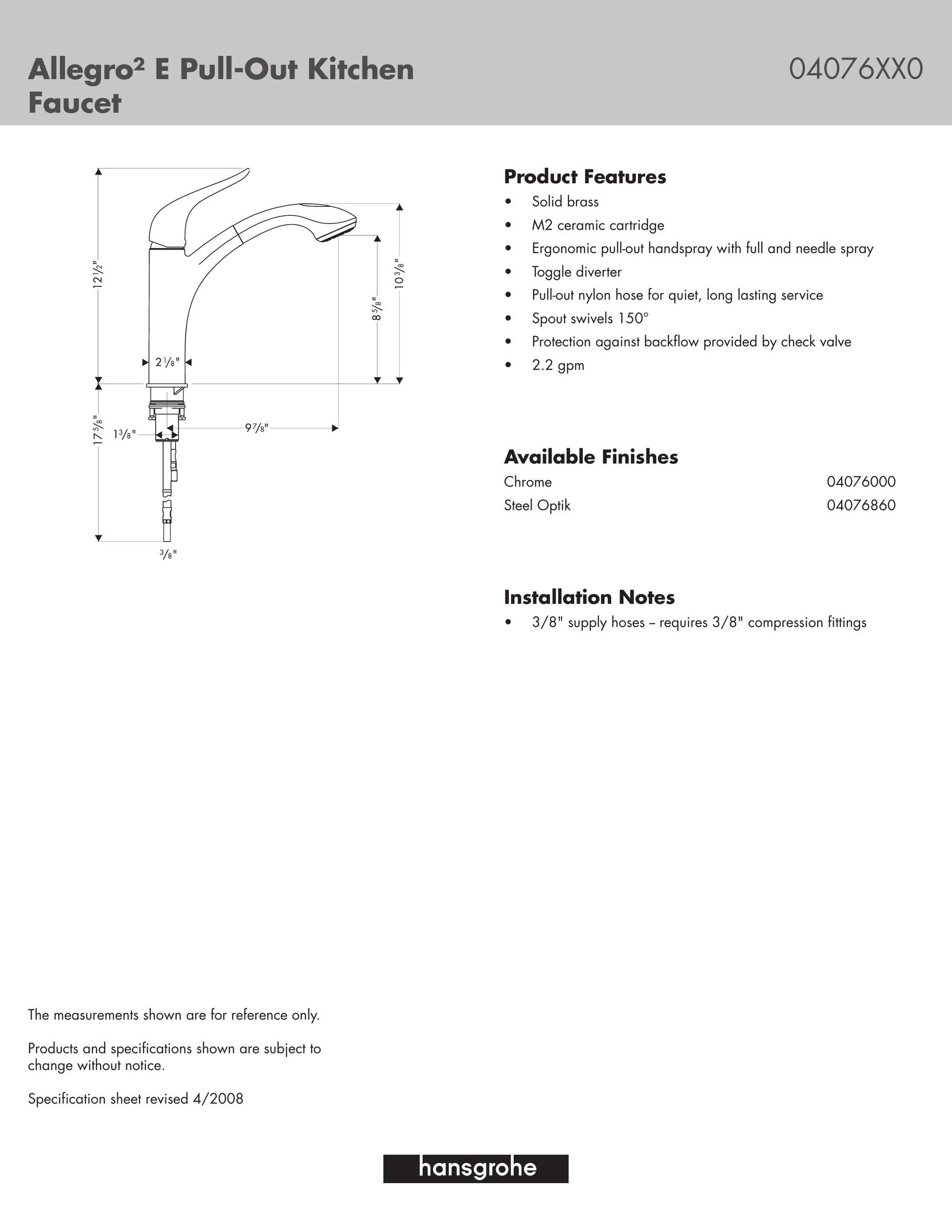 Hans Grohe 04076000 Plumbing Product User Manual
