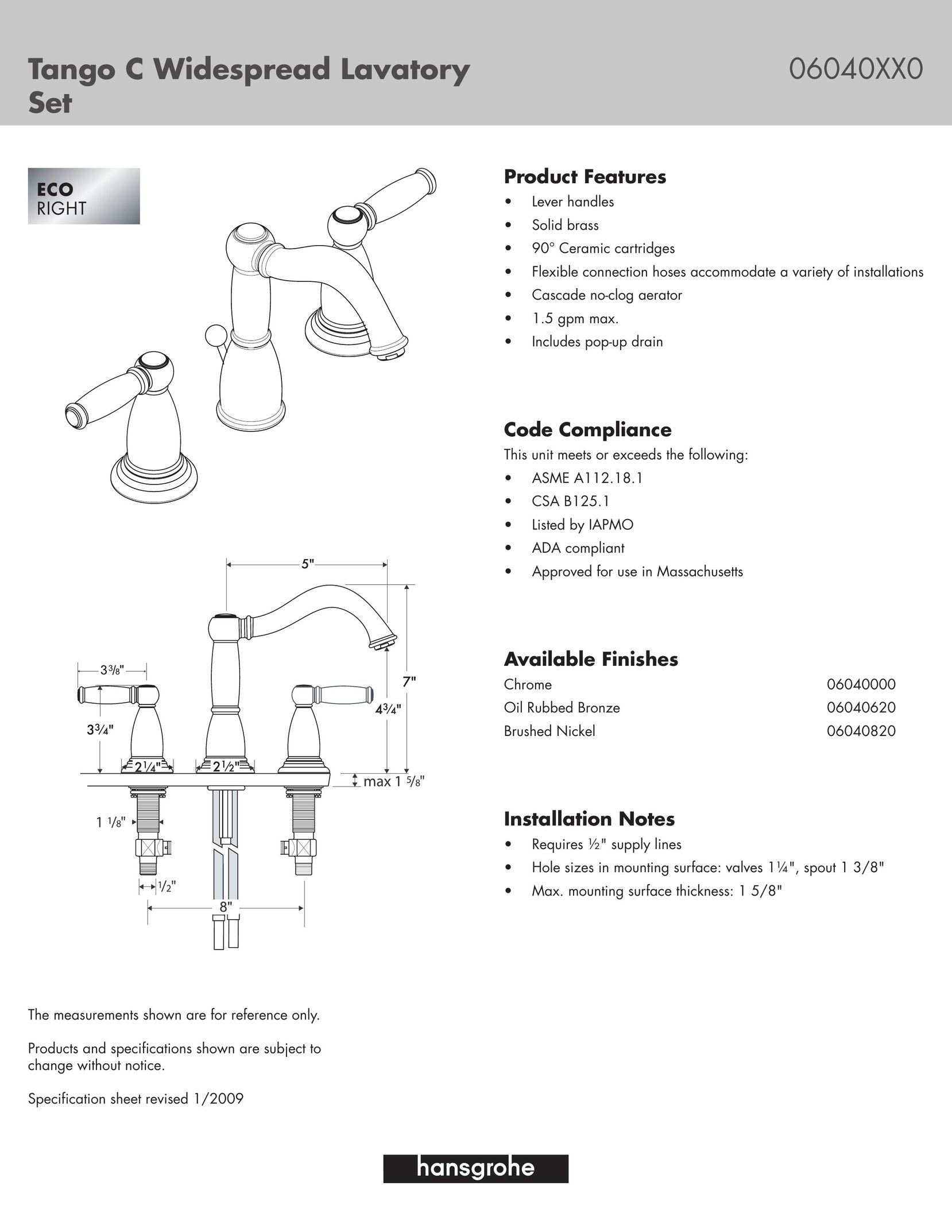 Hans Grohe 06040820 Plumbing Product User Manual