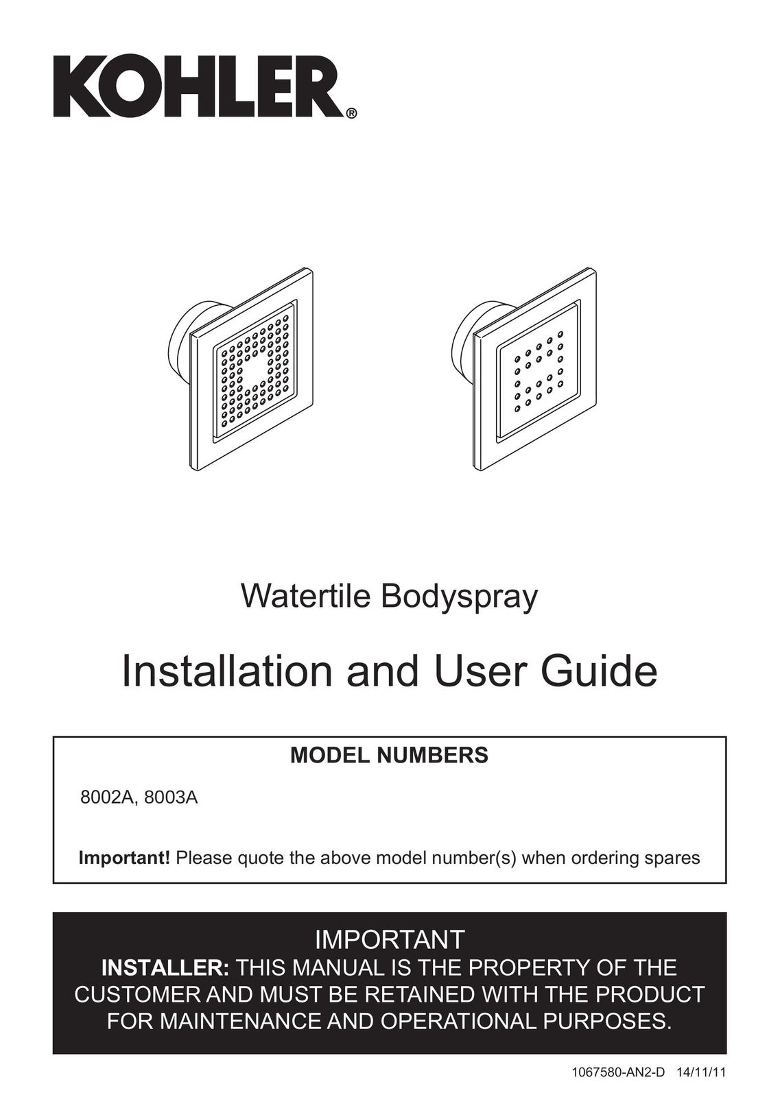Kohler 8002A Plumbing Product User Manual