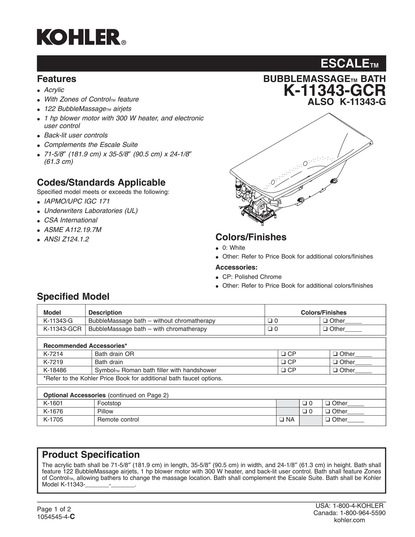 Kohler K-11343-GCR Plumbing Product User Manual