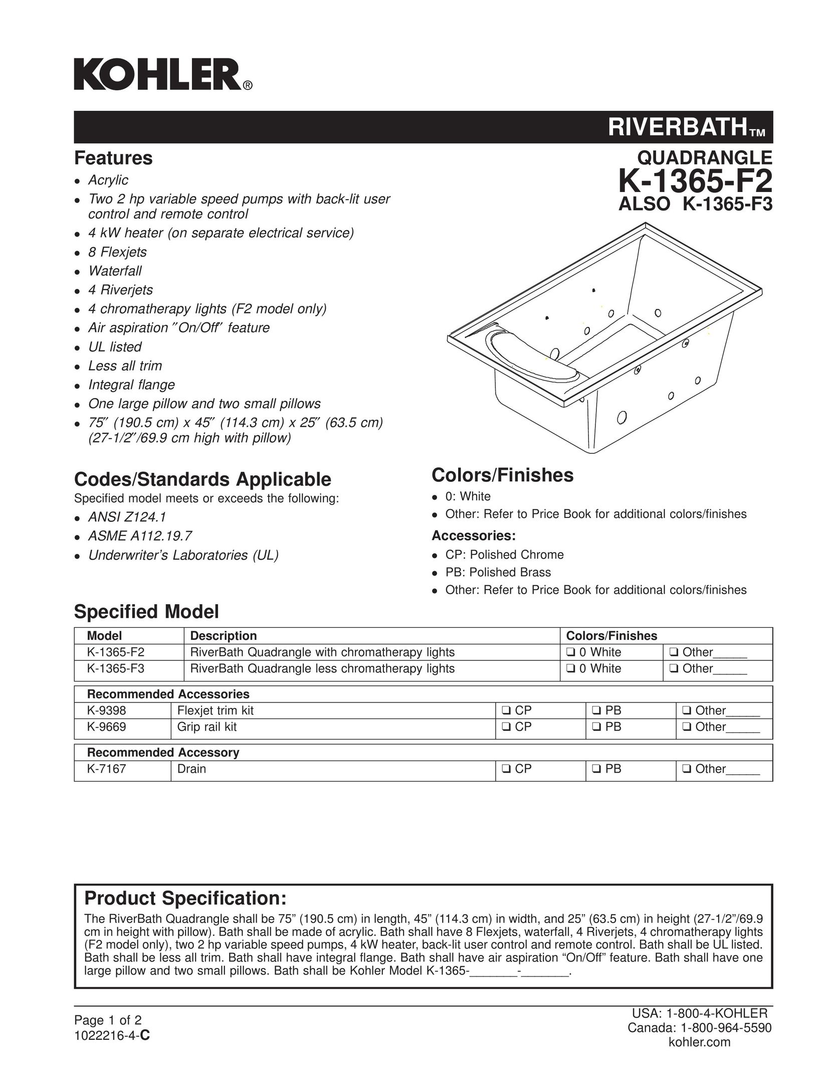 Kohler K-1365-F2 Plumbing Product User Manual