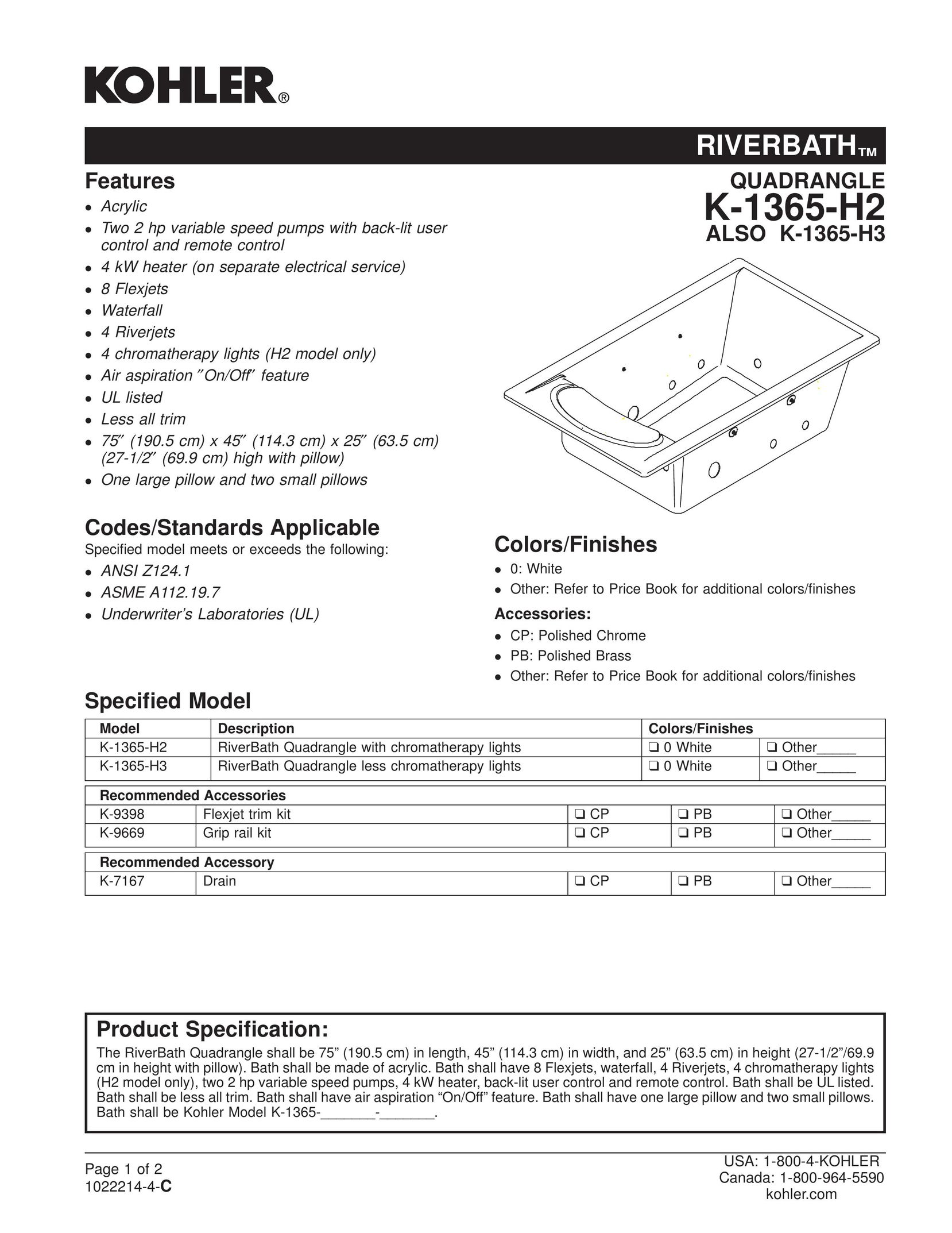 Kohler K-1365-H2 Plumbing Product User Manual