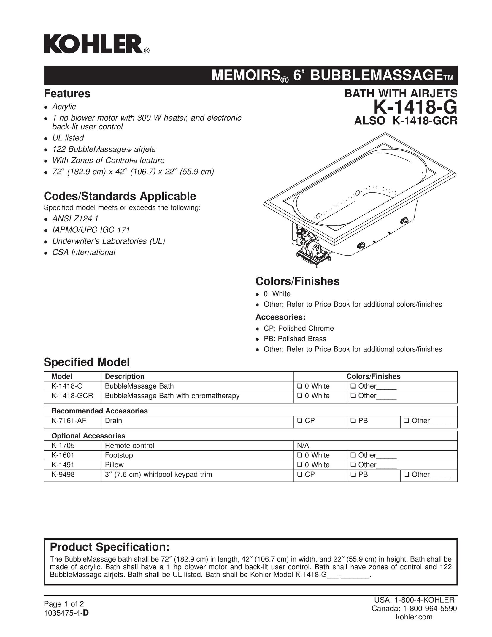 Kohler K-1418-G Plumbing Product User Manual