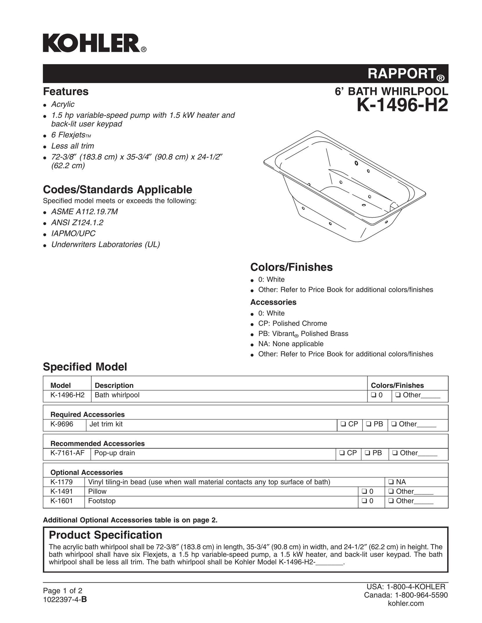Kohler K-1496-H2 Plumbing Product User Manual