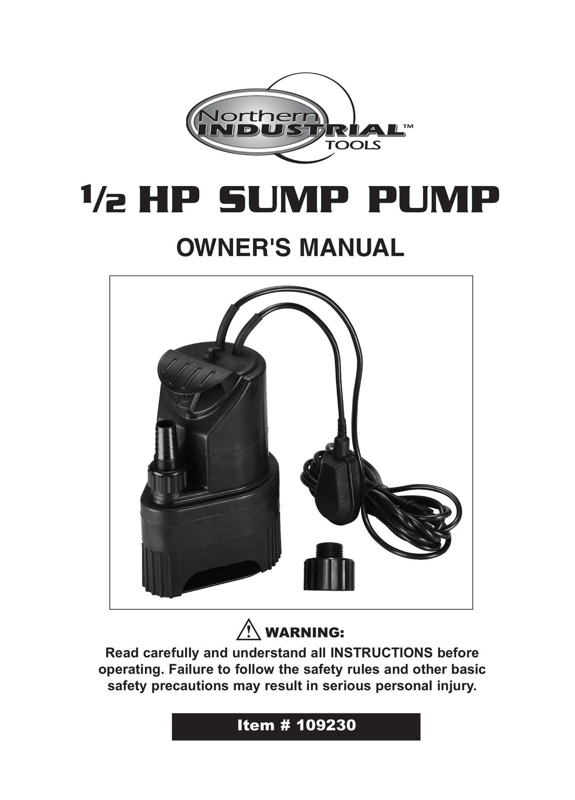 Northern Industrial Tools 1/2 HP SUMP PUMP Plumbing Product User Manual