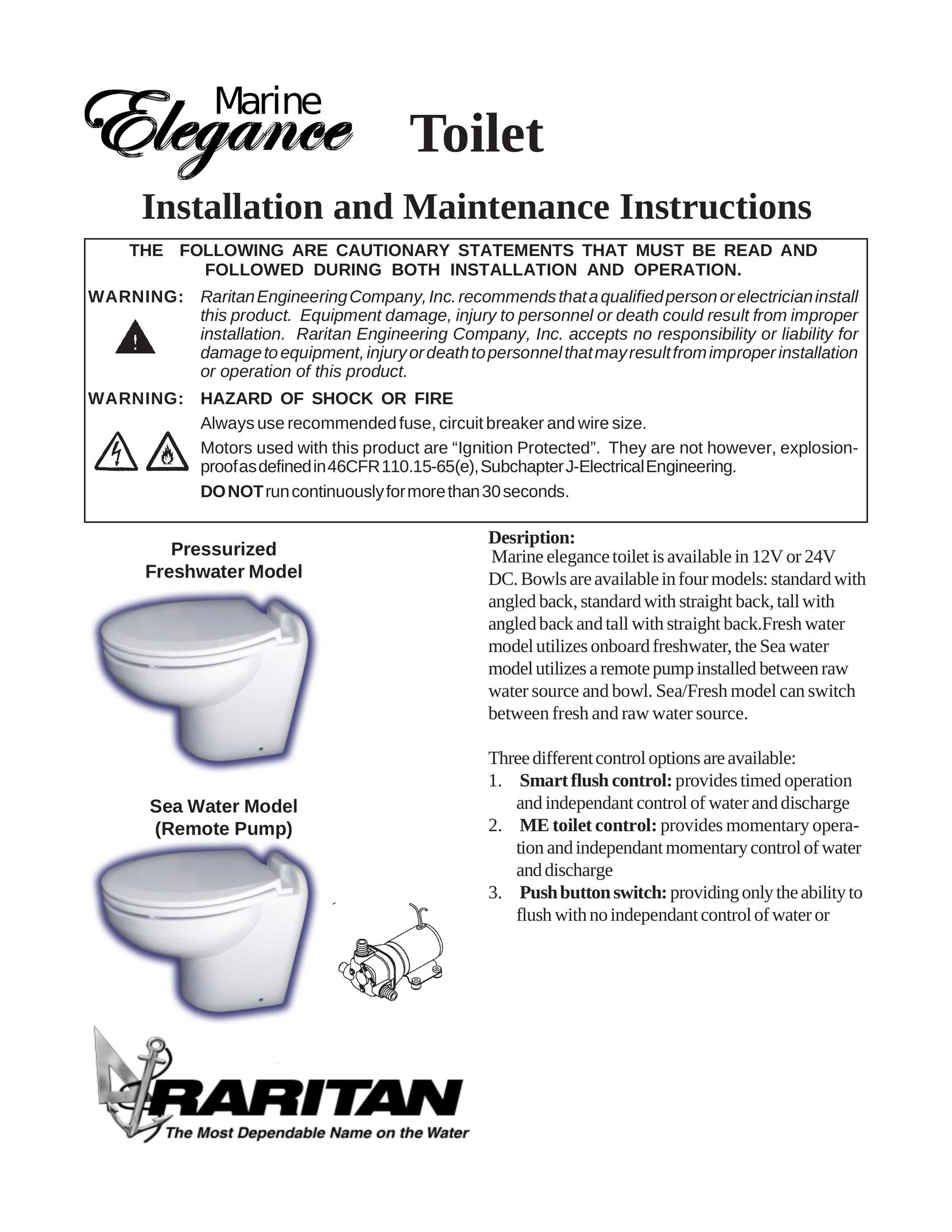 Raritan Engineering toilet Plumbing Product User Manual