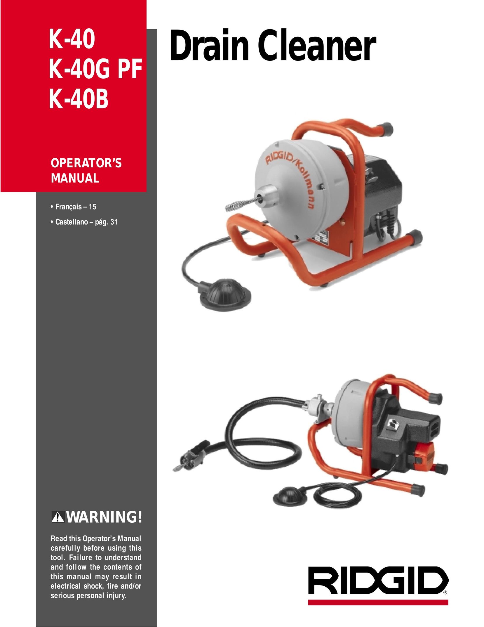 RIDGID K-40 Plumbing Product User Manual