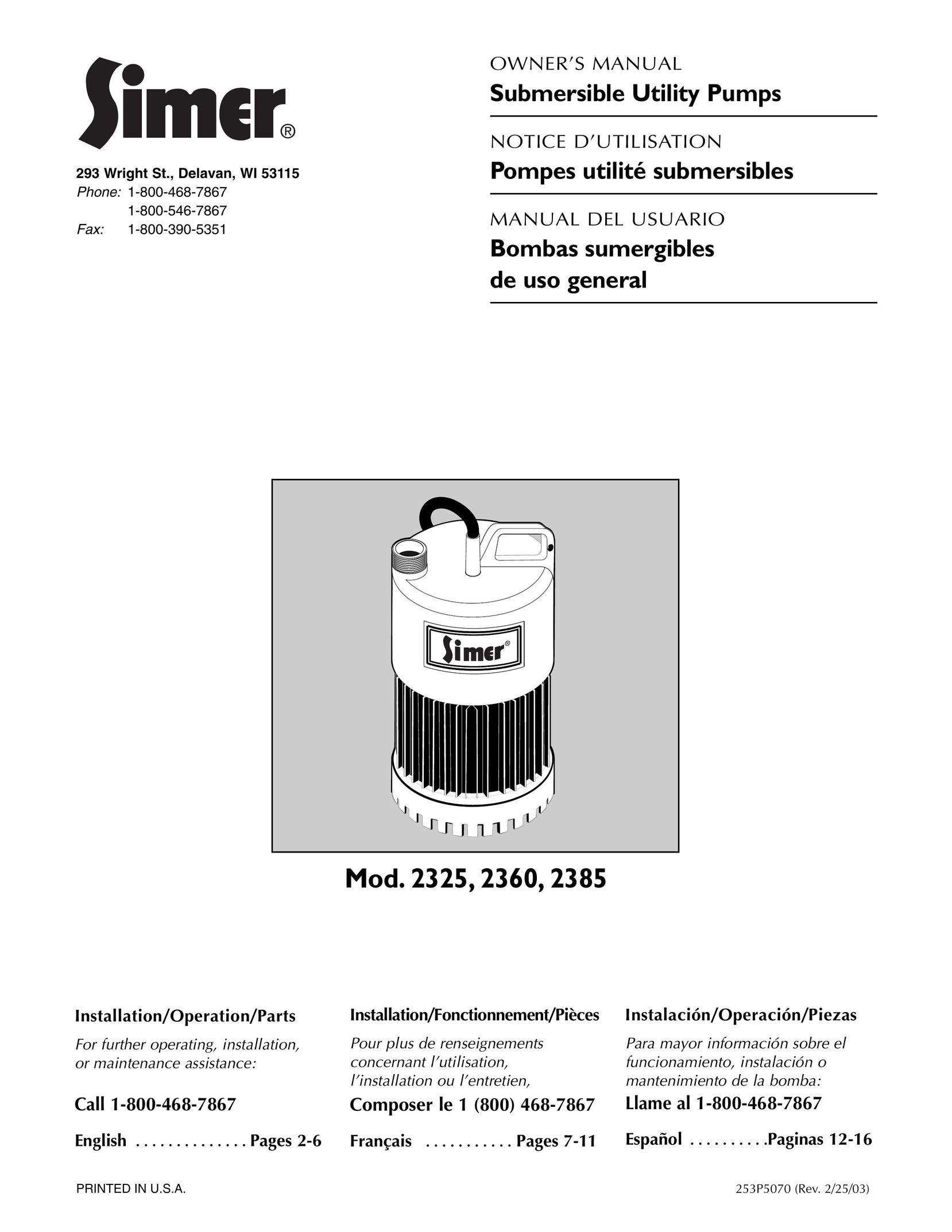Simer Pumps 2325 Plumbing Product User Manual
