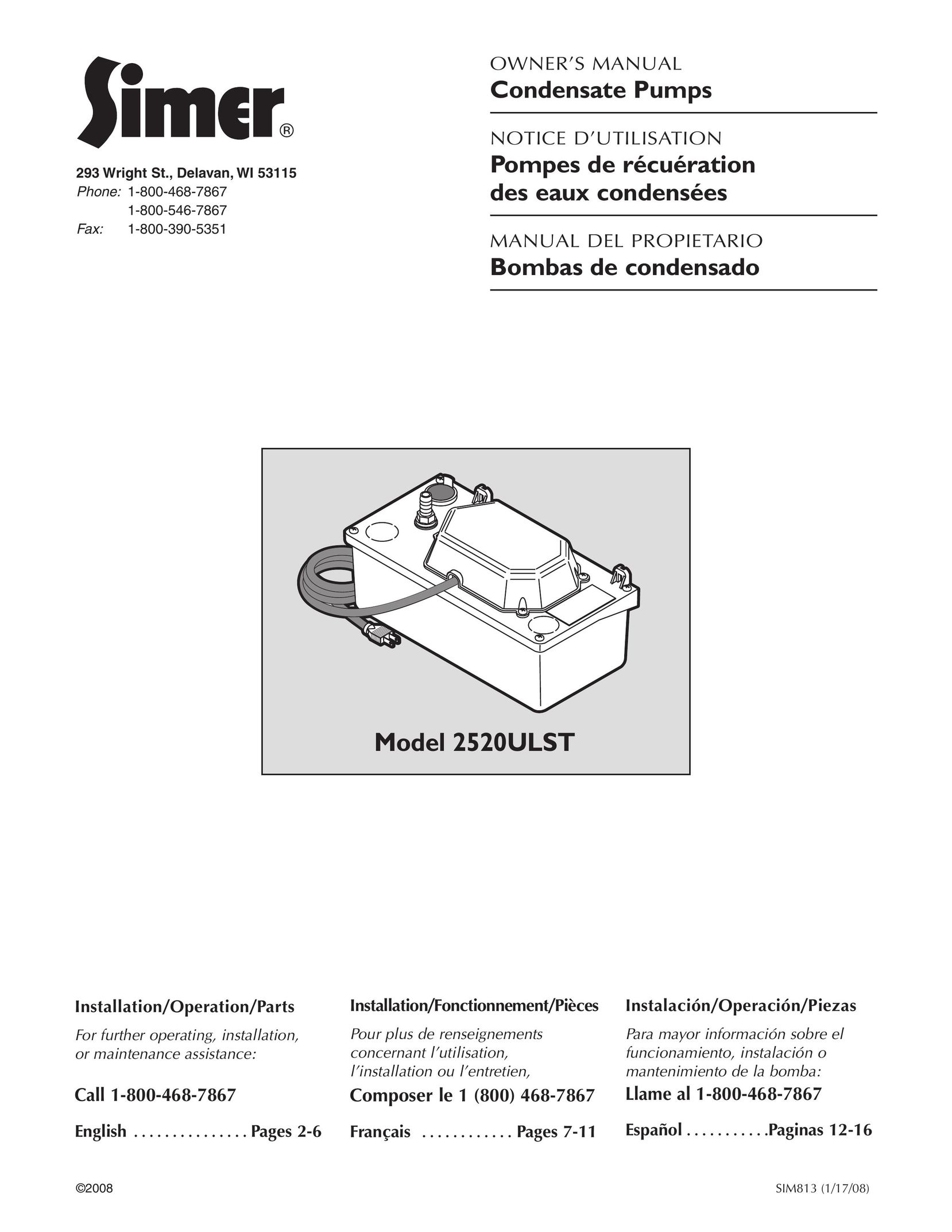 Simer Pumps 2520ULST Plumbing Product User Manual