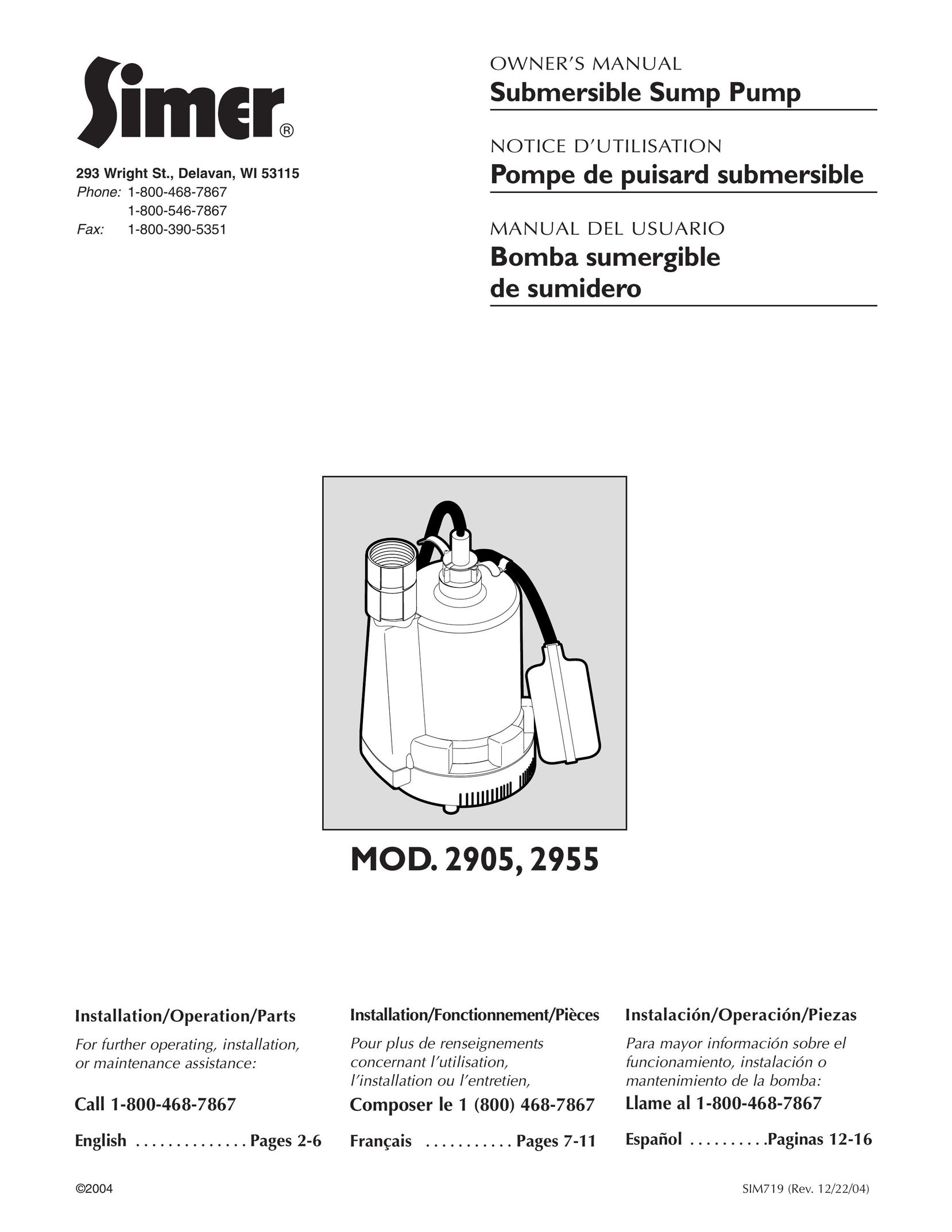 Simer Pumps 2905 Plumbing Product User Manual