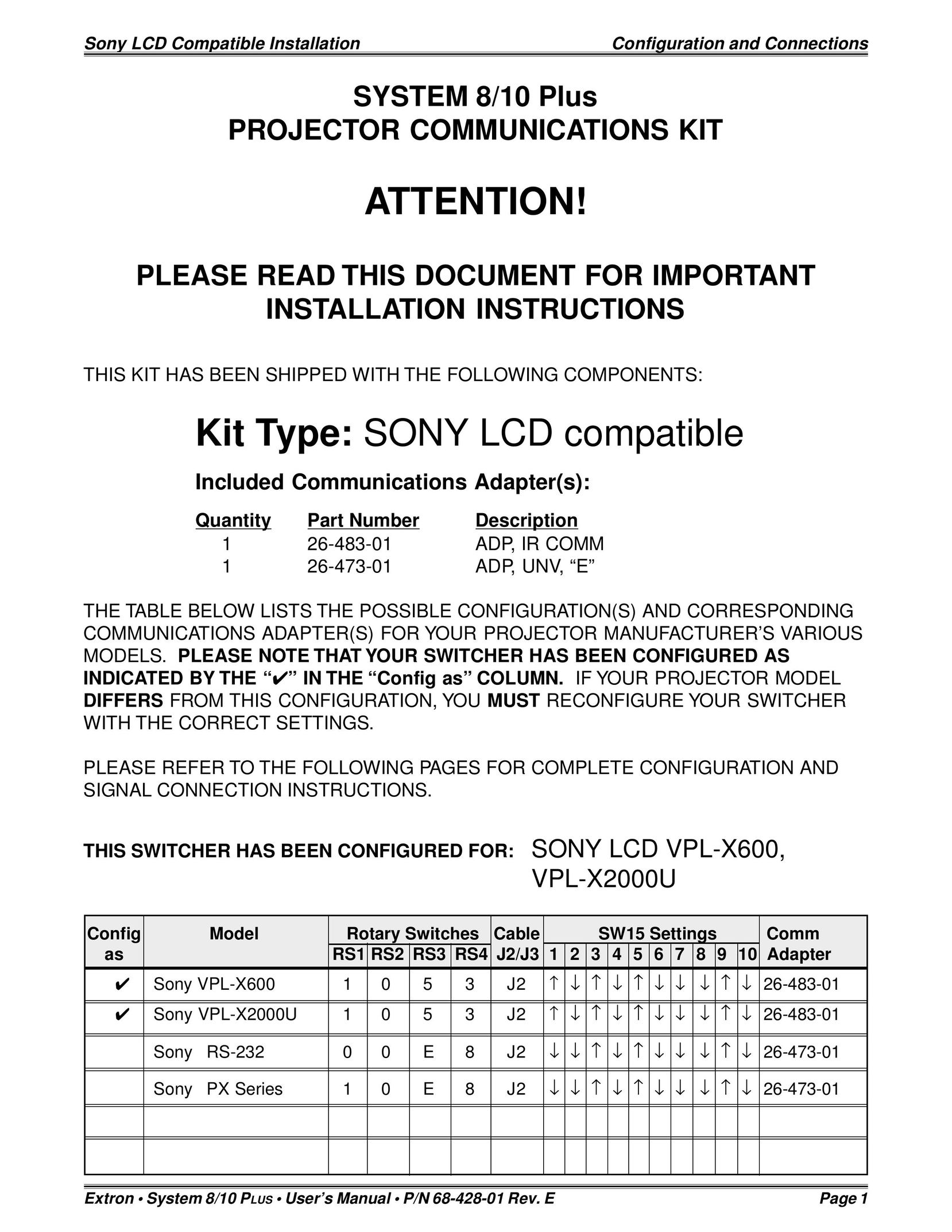 Sony 26-483-01 Plumbing Product User Manual