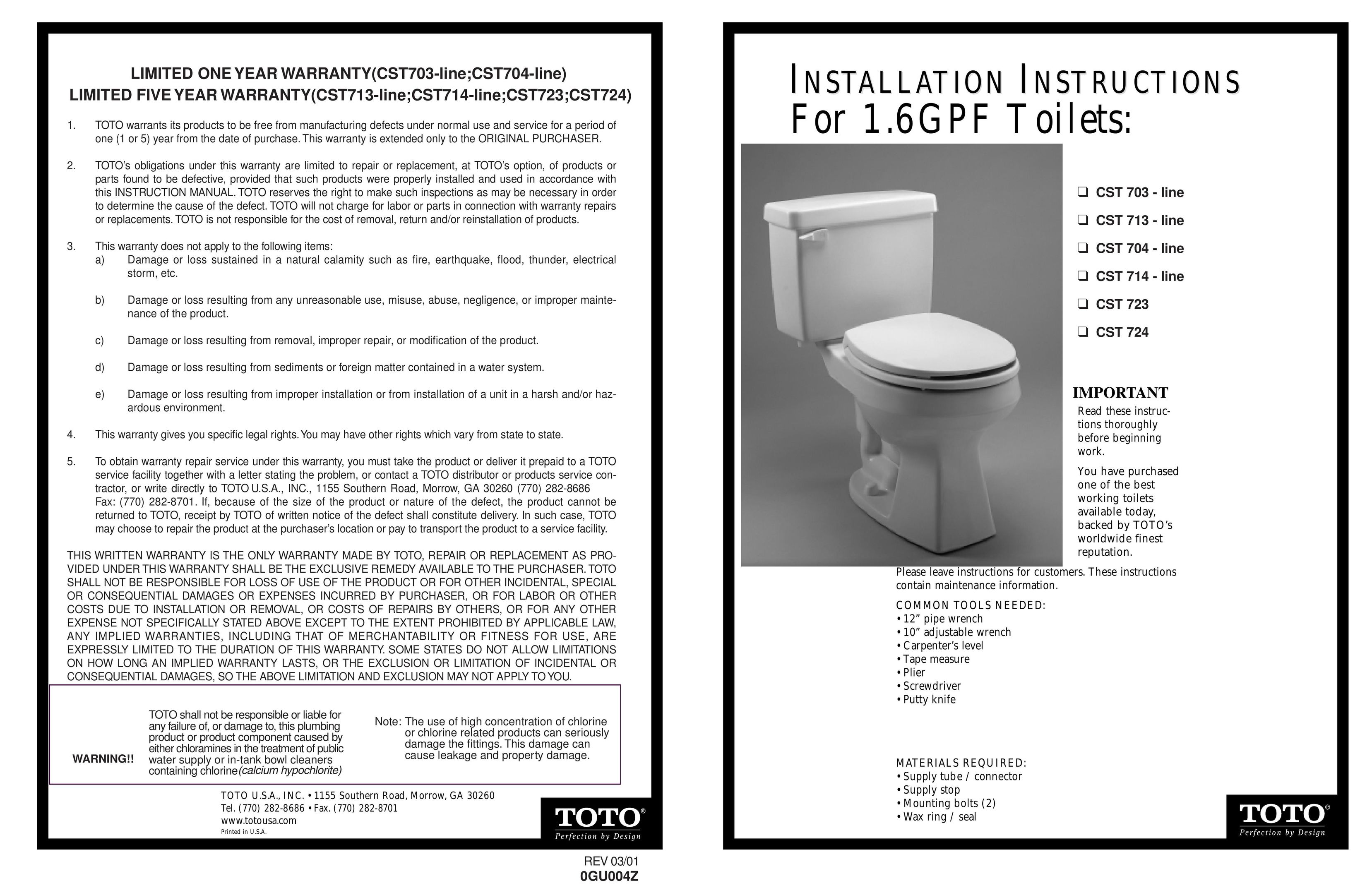 Toto CST 703 Plumbing Product User Manual